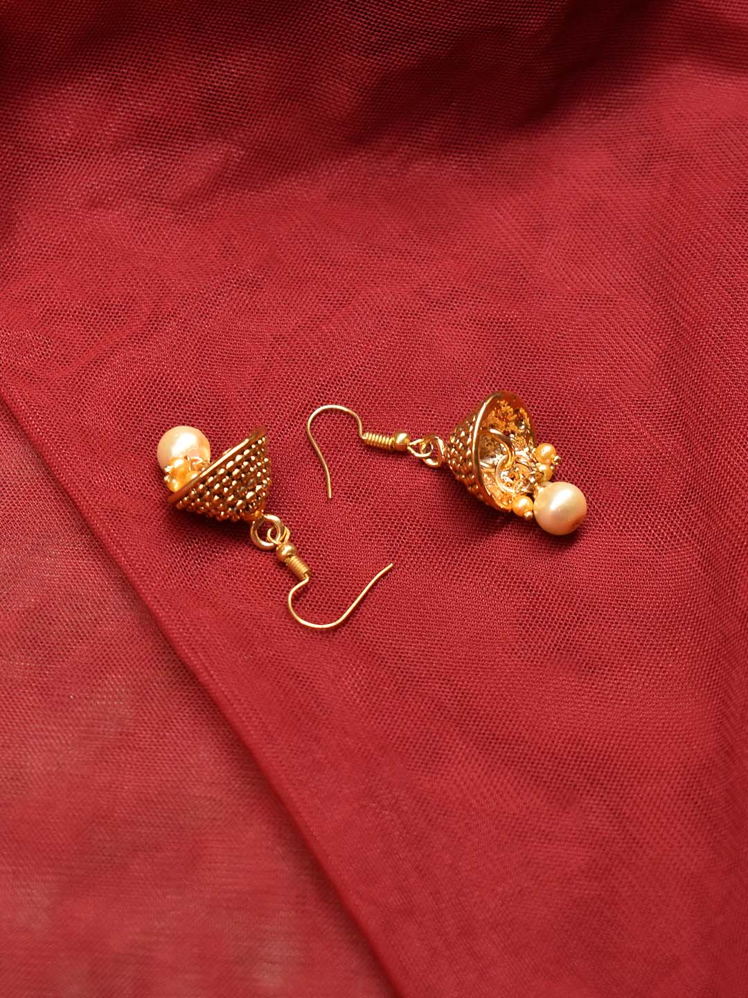 Avismaya Gold Plated Geometric Design With Hanging Pearls Jhumka Earring