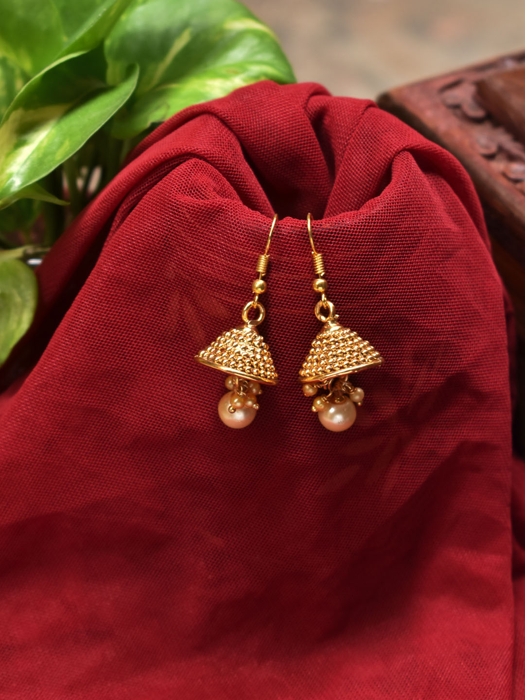 Avismaya Gold Plated Geometric Design With Hanging Pearls Jhumka Earring