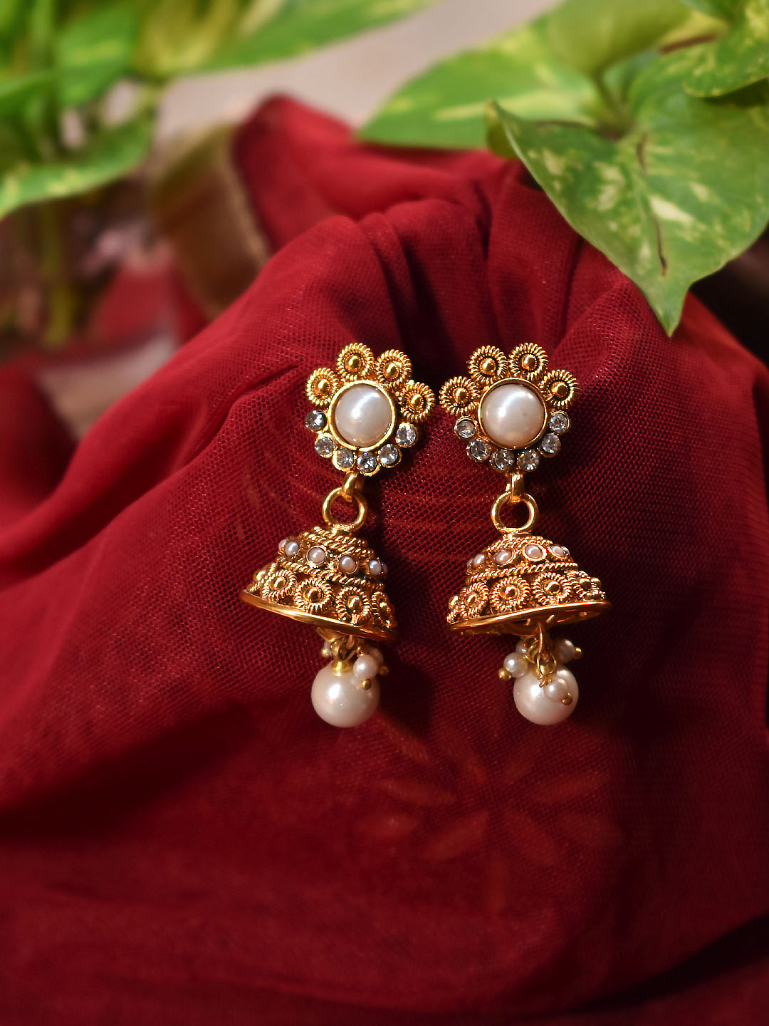 Gold Plated Floral Design With Studded White Color Pearls Jhumka Earring