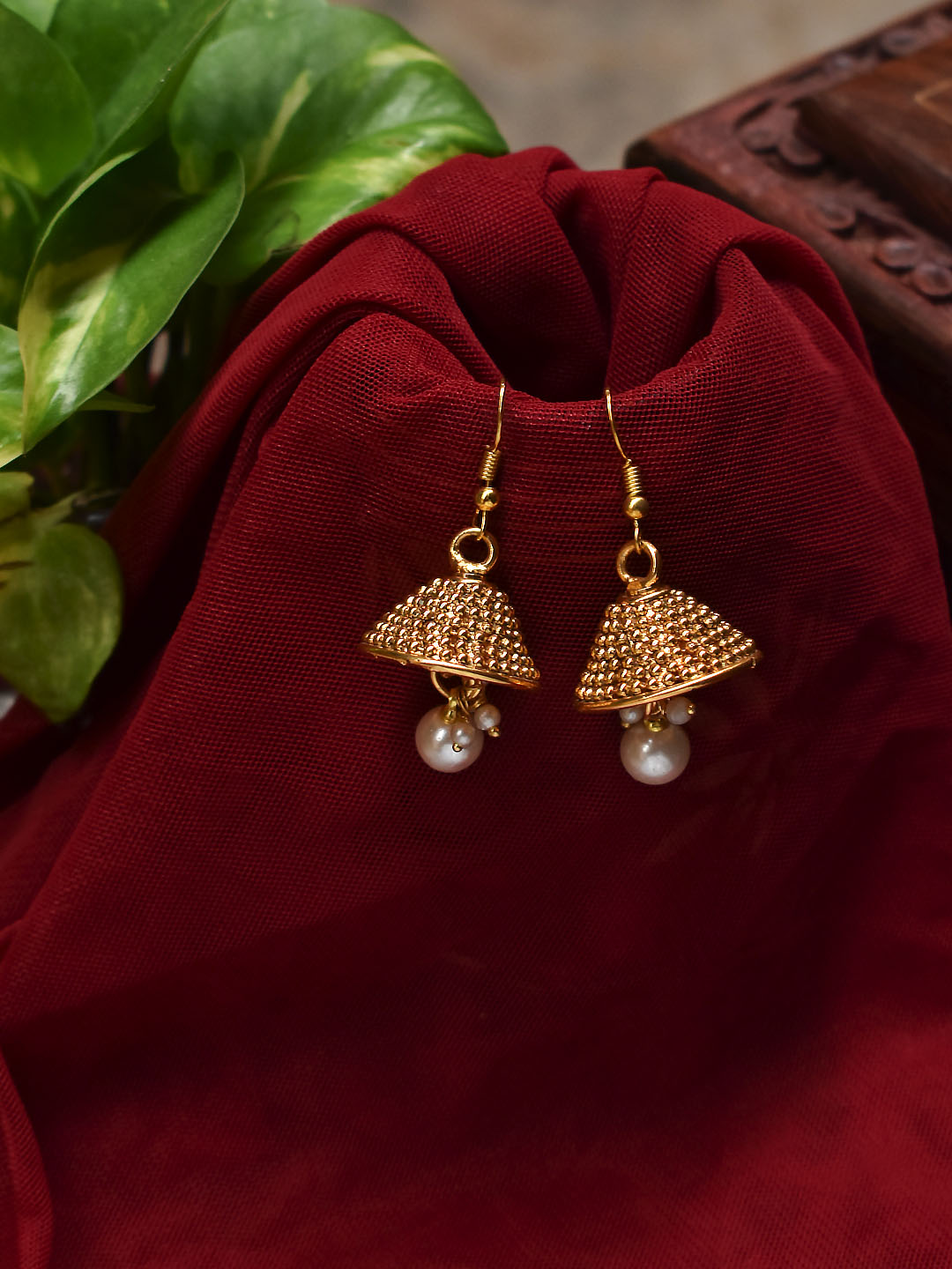 Avismaya Gold Plated Geometric Design With Hanging White Color Pearls Jhumka Earring