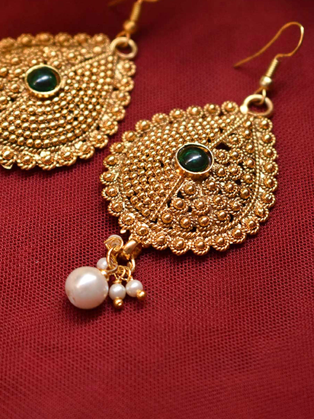 Gold Plated Tear Drop Design Green Color Plastic Stone With Hanging Pearls Drop Earring