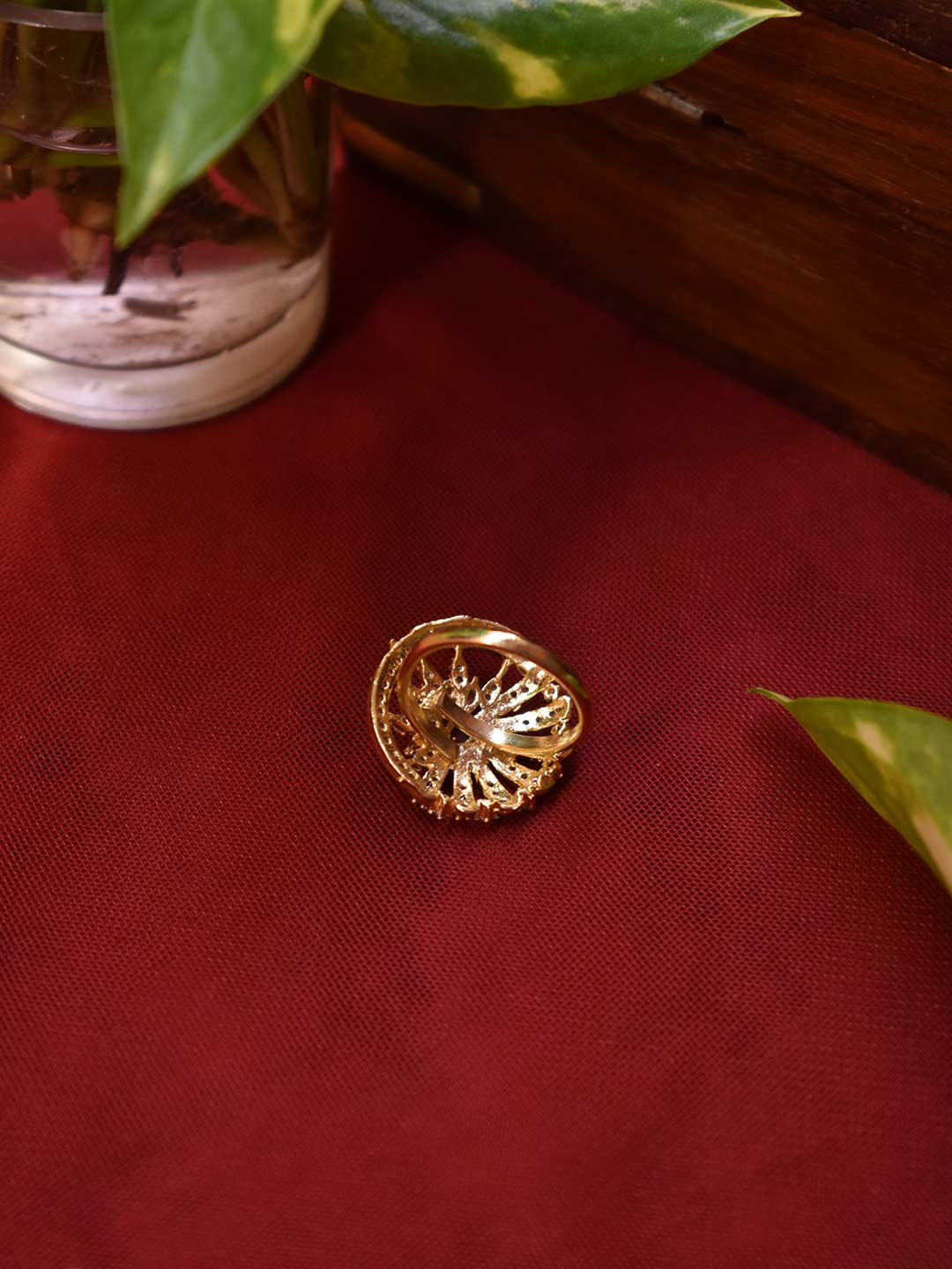 High Quality Gold Plated Wheel Design Cz Stones With Ruby Stone Finger Ring