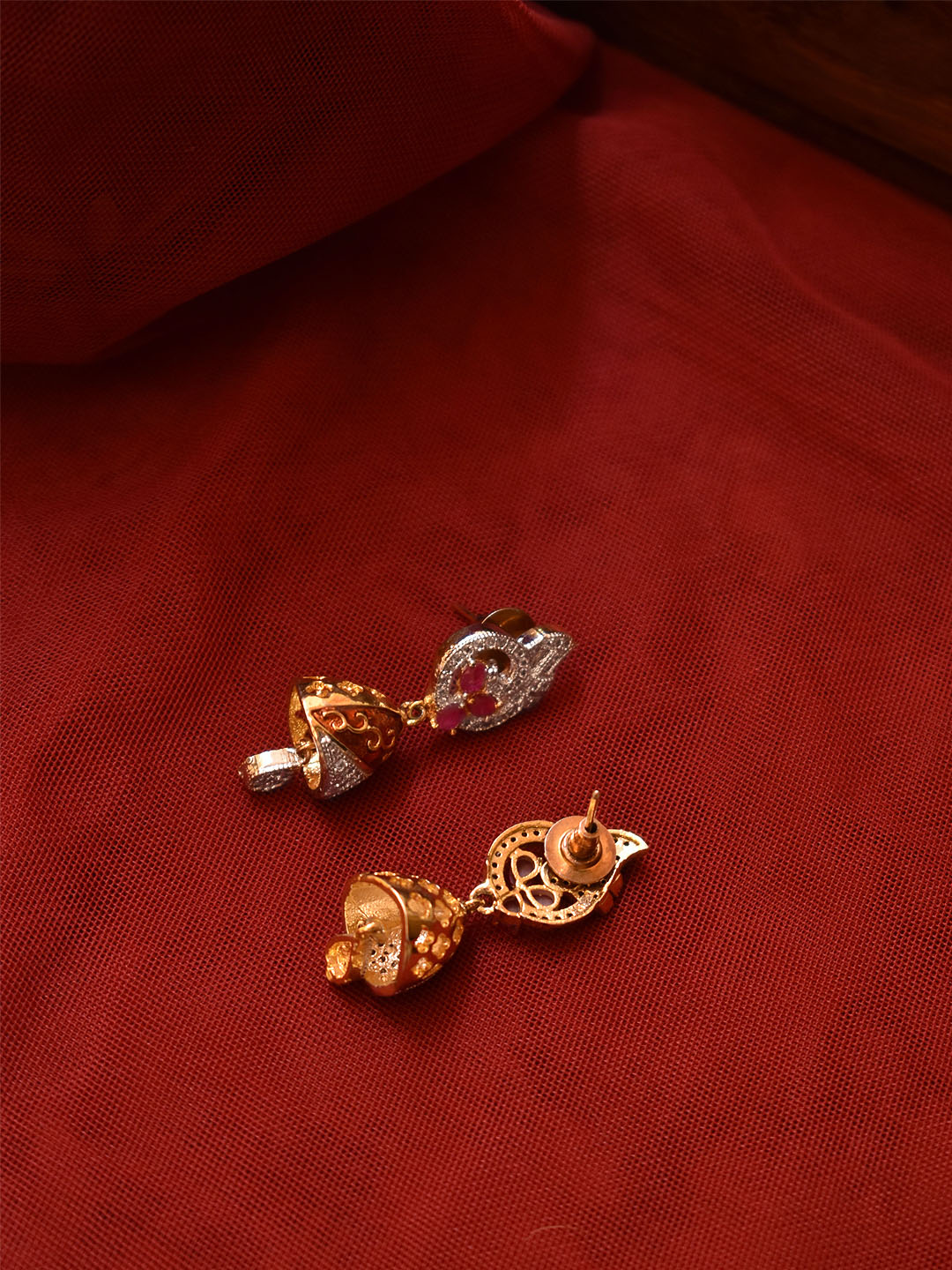 Avismaya Gold Plated Pear Shape Stud Pink And White Color CZ Stones Jhumka Earring