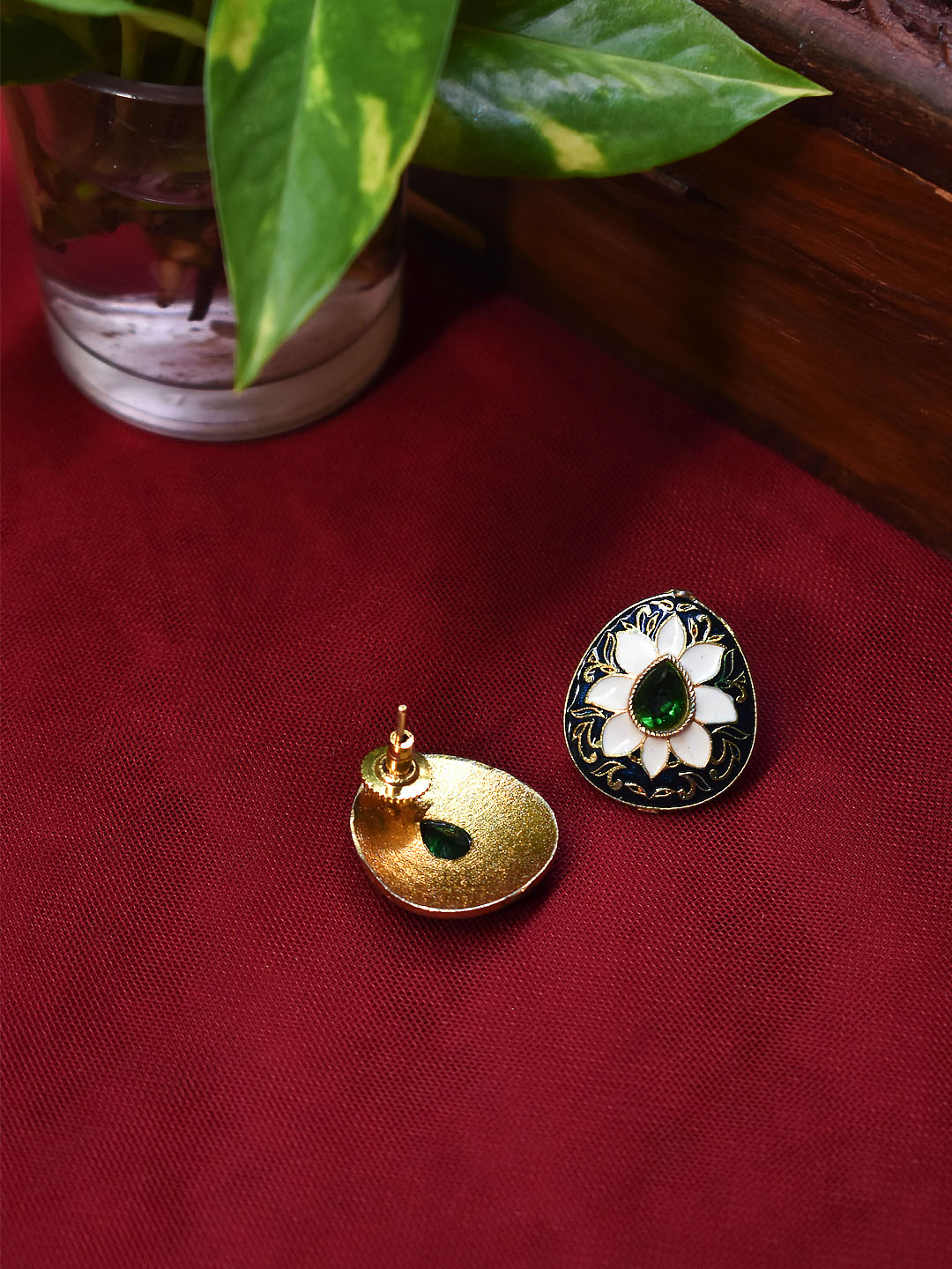 Gold Plated Tear Drop Shape Floral Design Meenakari Enamel Painted Stud Earring