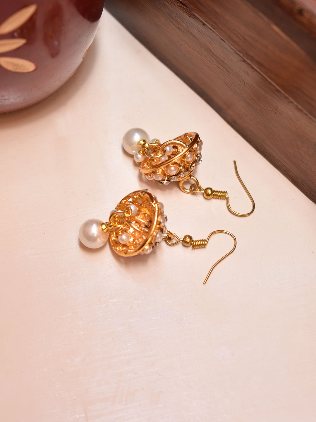 Avismaya Gold Plated Studding White Color Stones And Pearls With Hanging Beads Jhumka Earring