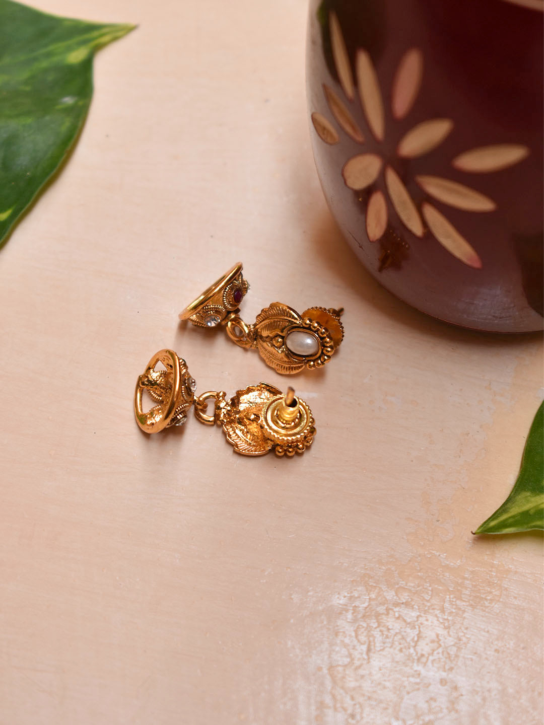 High Quality Gold Plated Oval Design Studded White Pearl With Hanging Green And White Color Stone Jhumka Earring