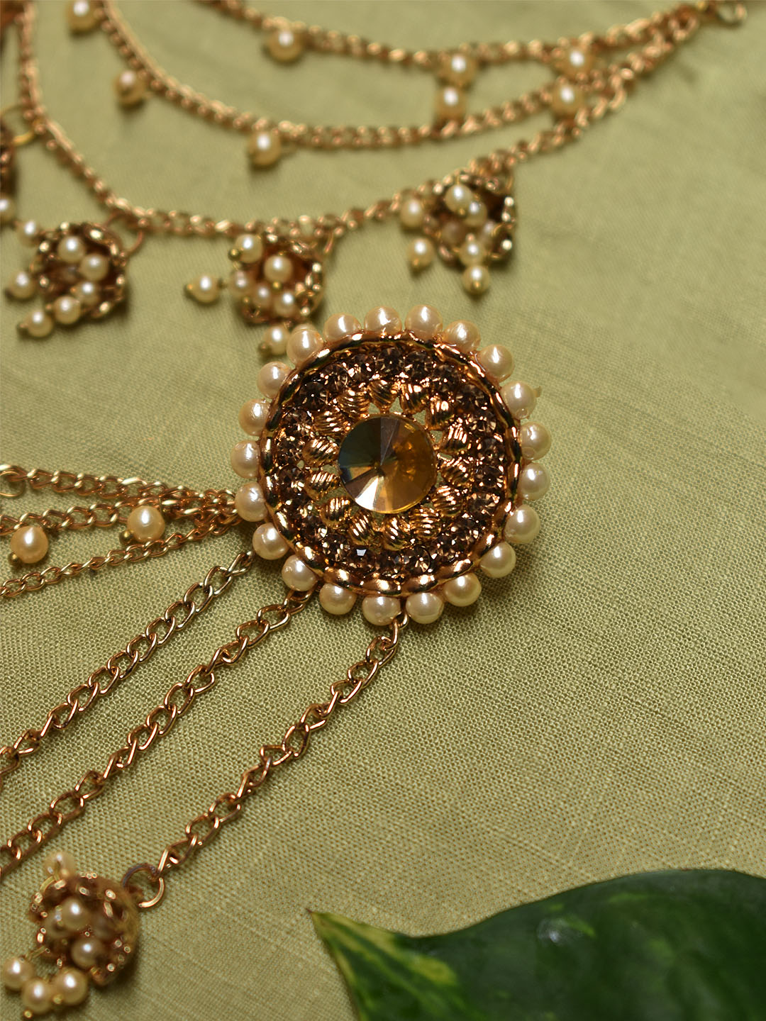 High Quality Gold Plated Circular Design Studs With Three Layered Hanging Pearl Chains Bahubali Inspired Dangler Earring