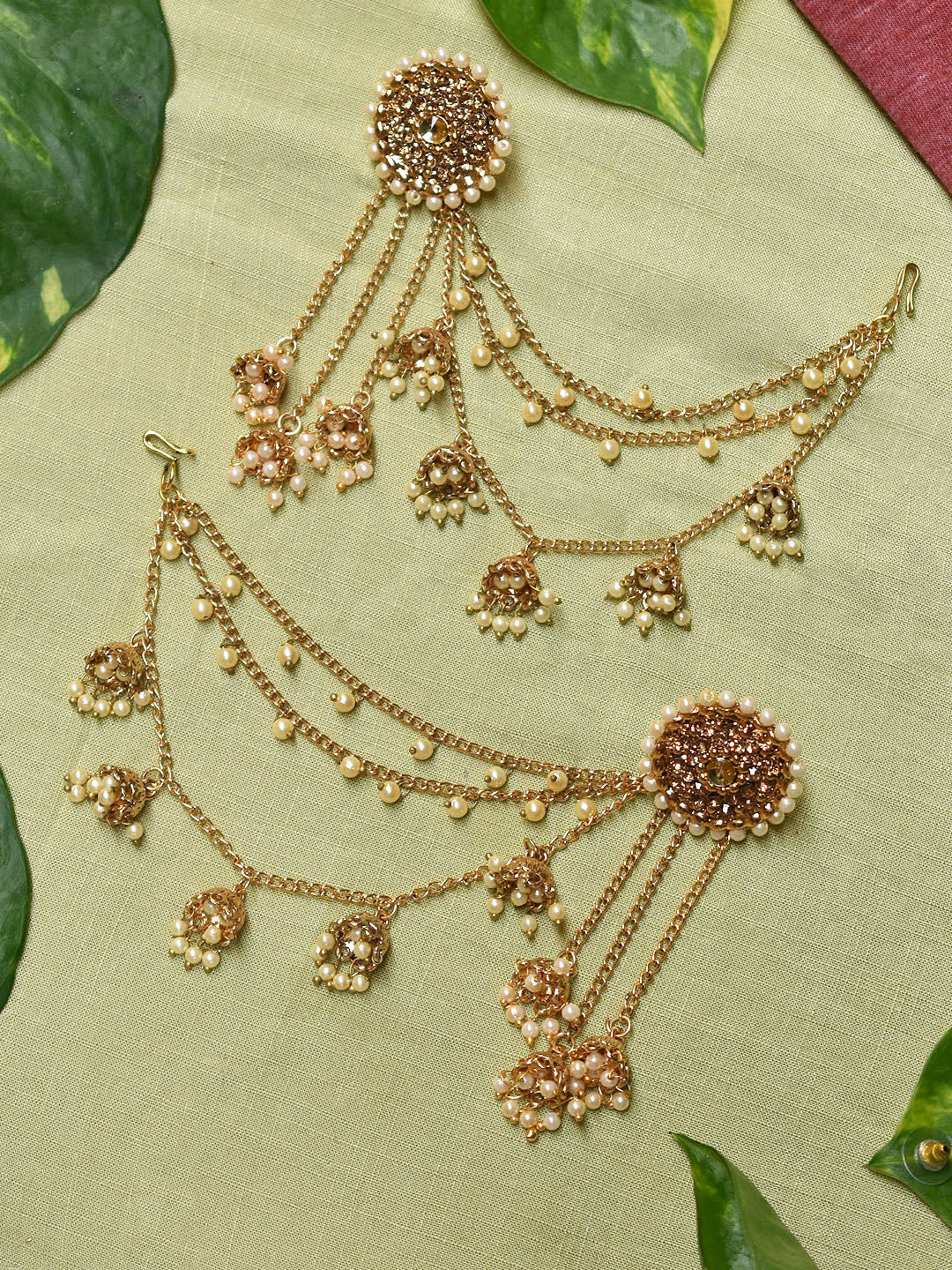 High Quality Gold Plated Circular Design Studs With Three Layered Hanging Pearl Jhumka Chains Bahubali Inspired Dangler Earring