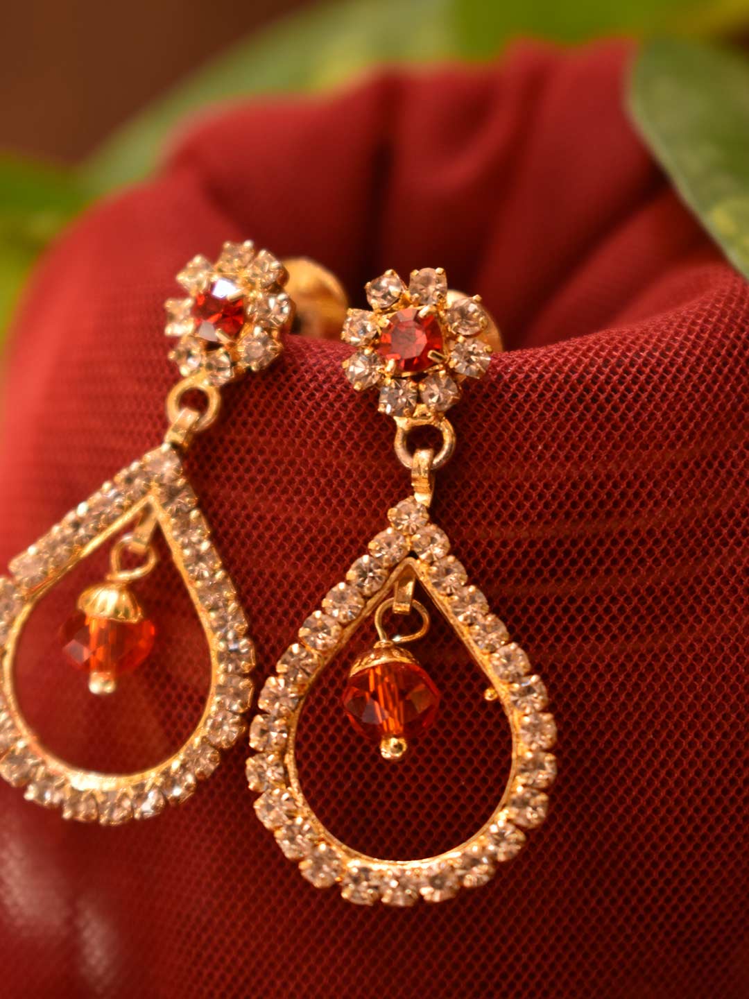 Gold Plated Floral Design Stud Red Color Stone With Tear Drop Design Hanging Drop Earring