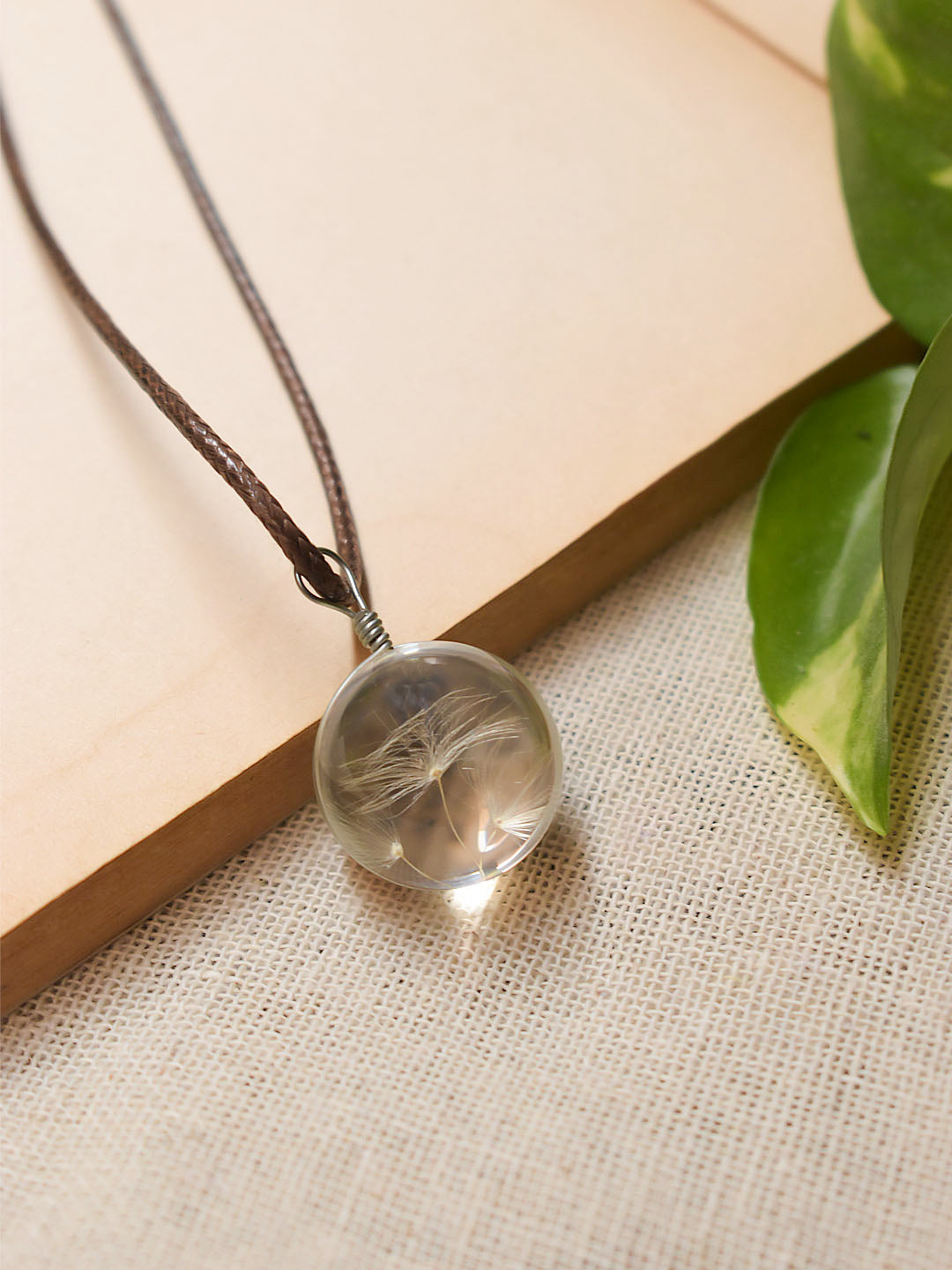 Designer White Color Circular Pendant With Brown Color Leather Chain