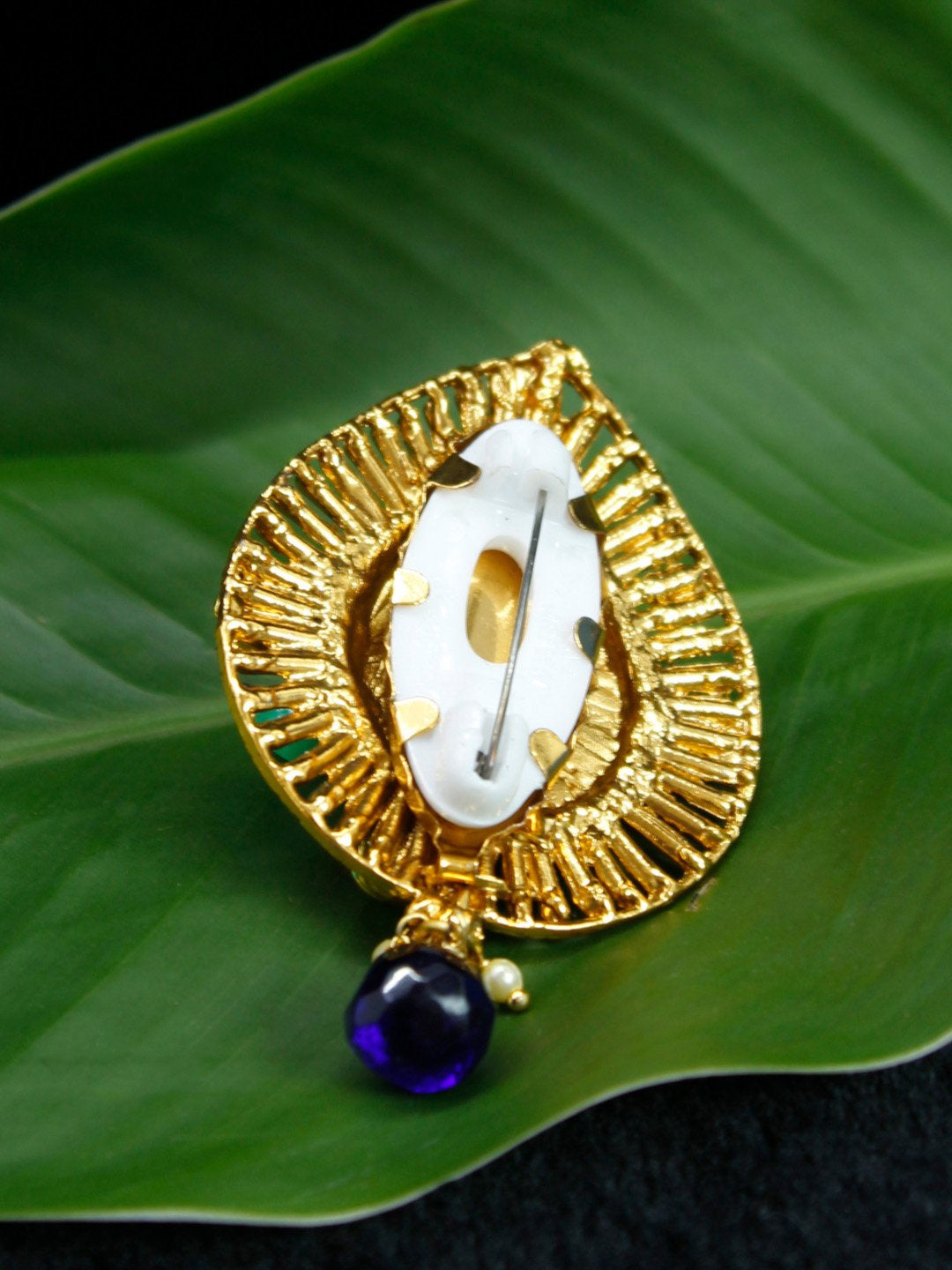 Gold Plated Tear Shape Blue and White Stone with Blue Pearl Dropping Saree Pin