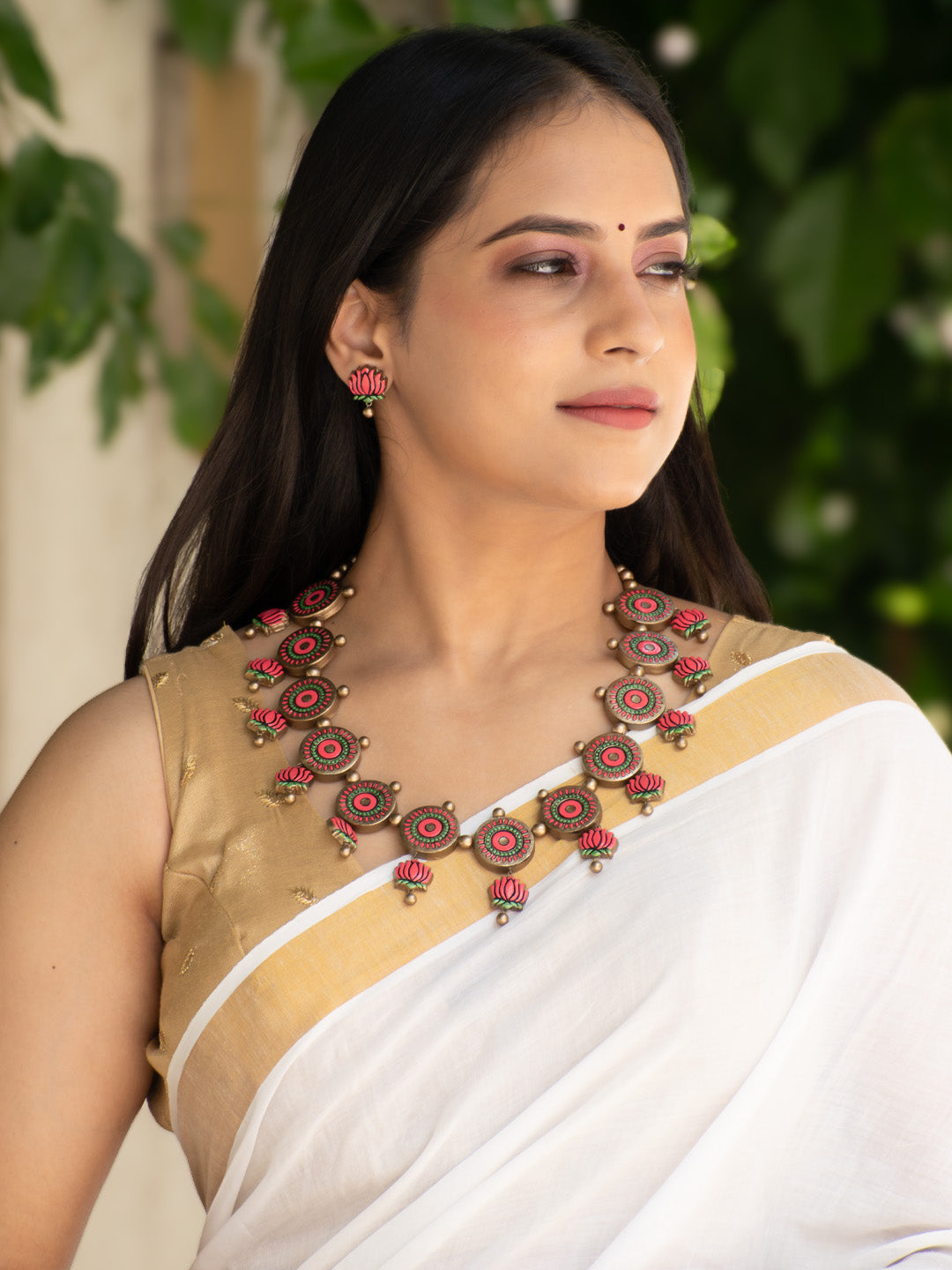 Pink Green and Gold Lotus Design Circular Mandala Art Work Handmade Terracotta Necklace Set