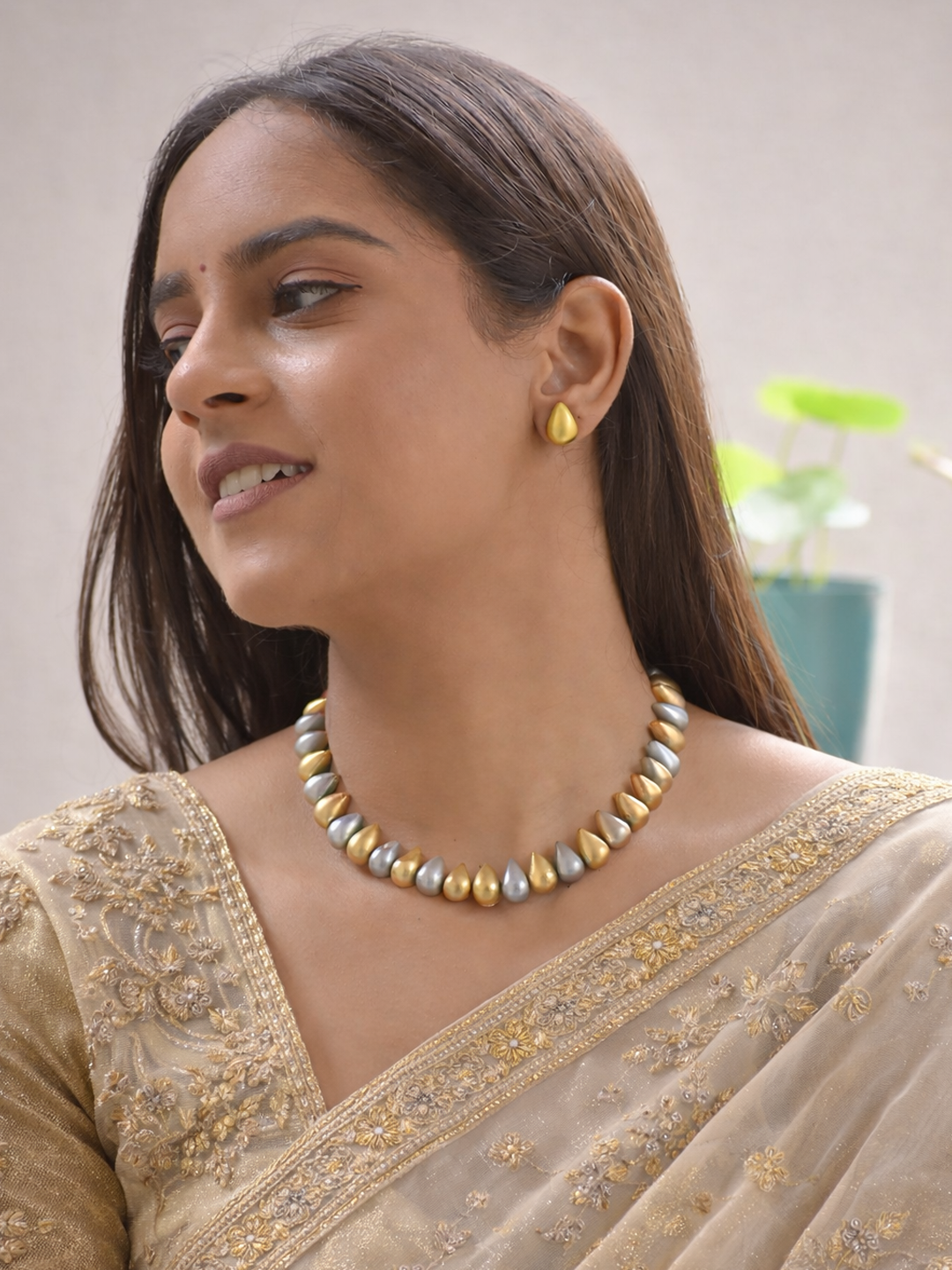 Terracotta Dual-Tone Gold & Silver Teardrop Bead Necklace Set