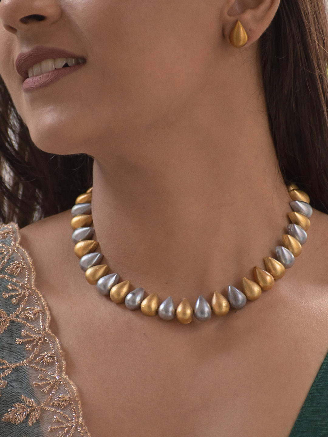 Terracotta Dual-Tone Gold & Silver Teardrop Bead Necklace Set