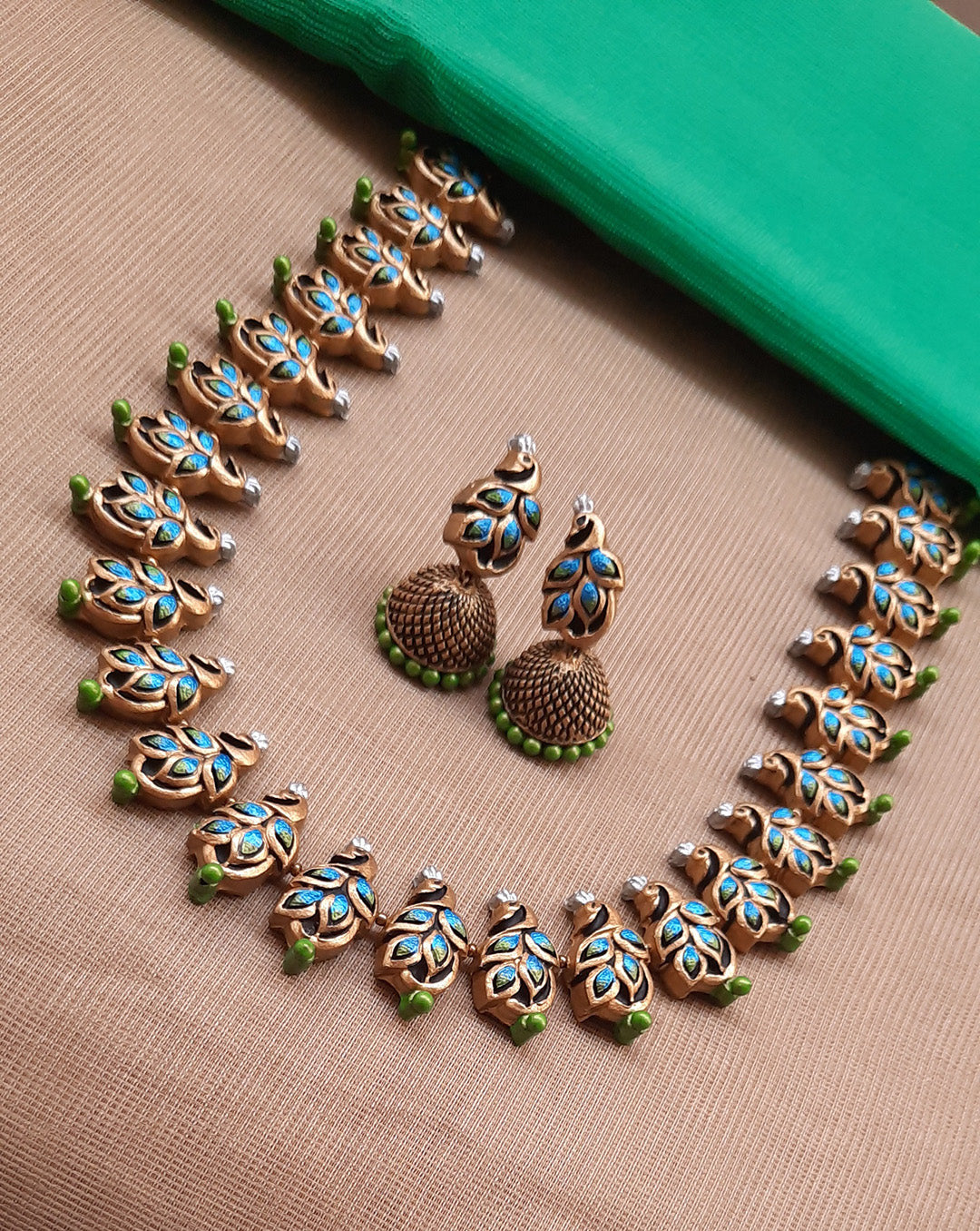 Antique Gold Toned Blue And Green Color Peacock Design Terracotta Choker Necklace Set