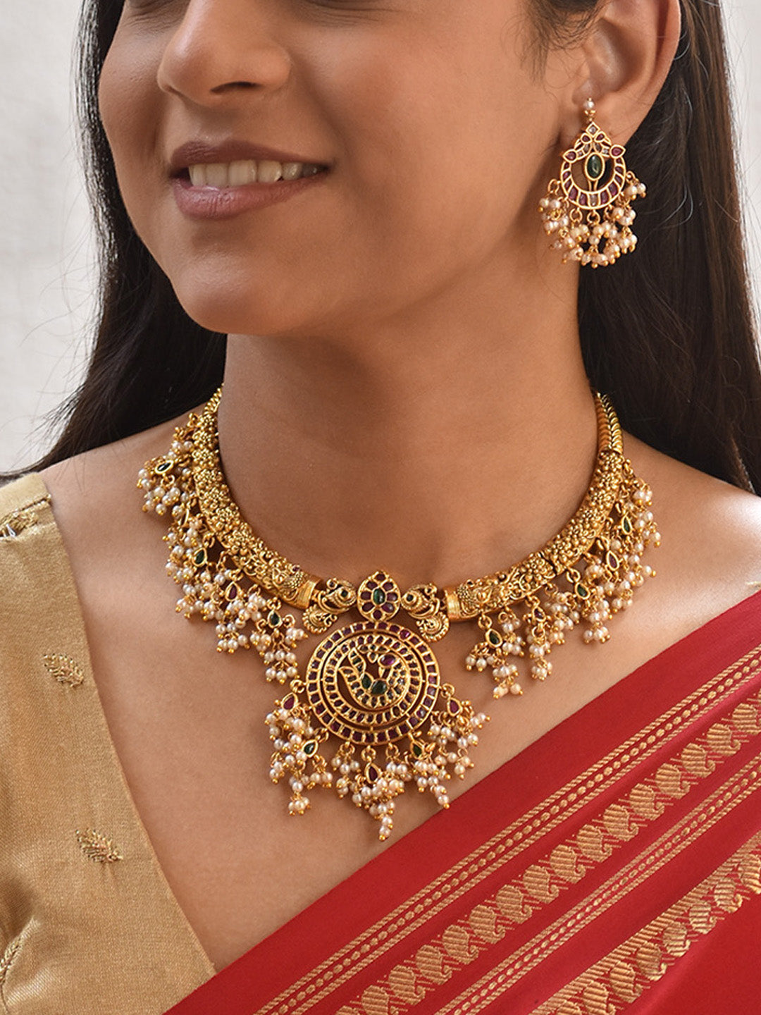 Premium Gold Finish Handcrafted Rajwadi Style Temple Necklace Set in Kundan, Ruby & Emerald Accents