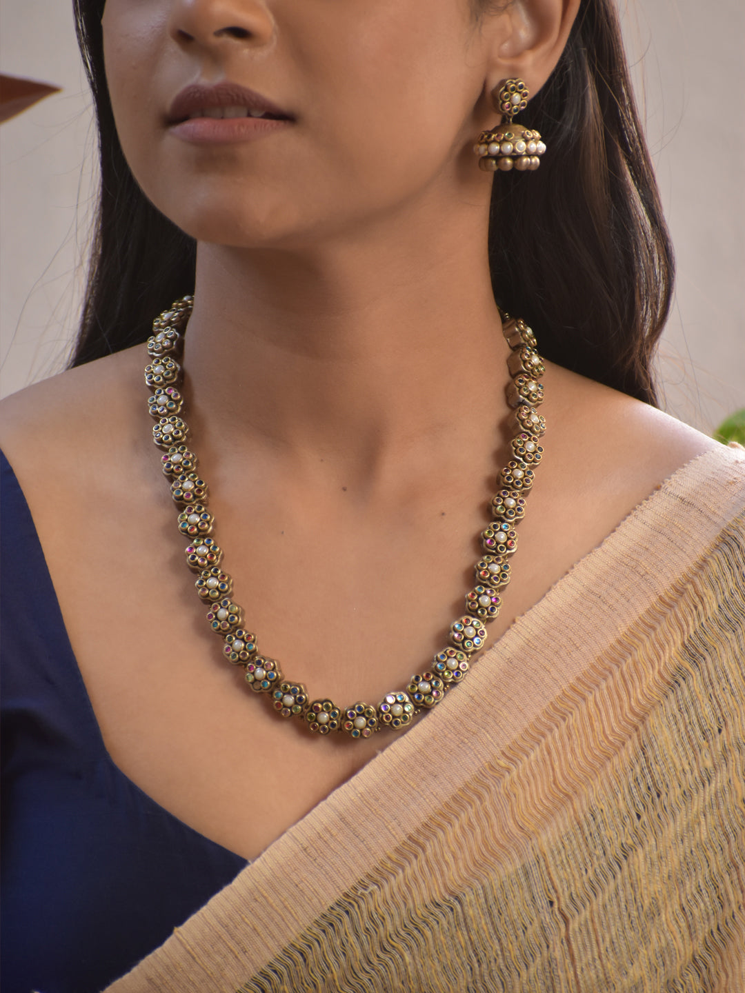 Terracotta Antique Gold Floral Multi Color Beaded Necklace Set with Earrings