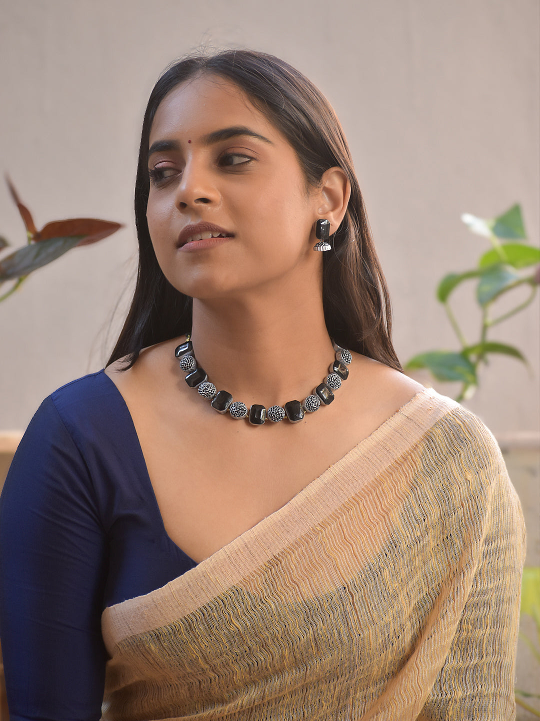 Terracotta Black and White Beaded Necklace with Floral Motifs and Matching Earrings