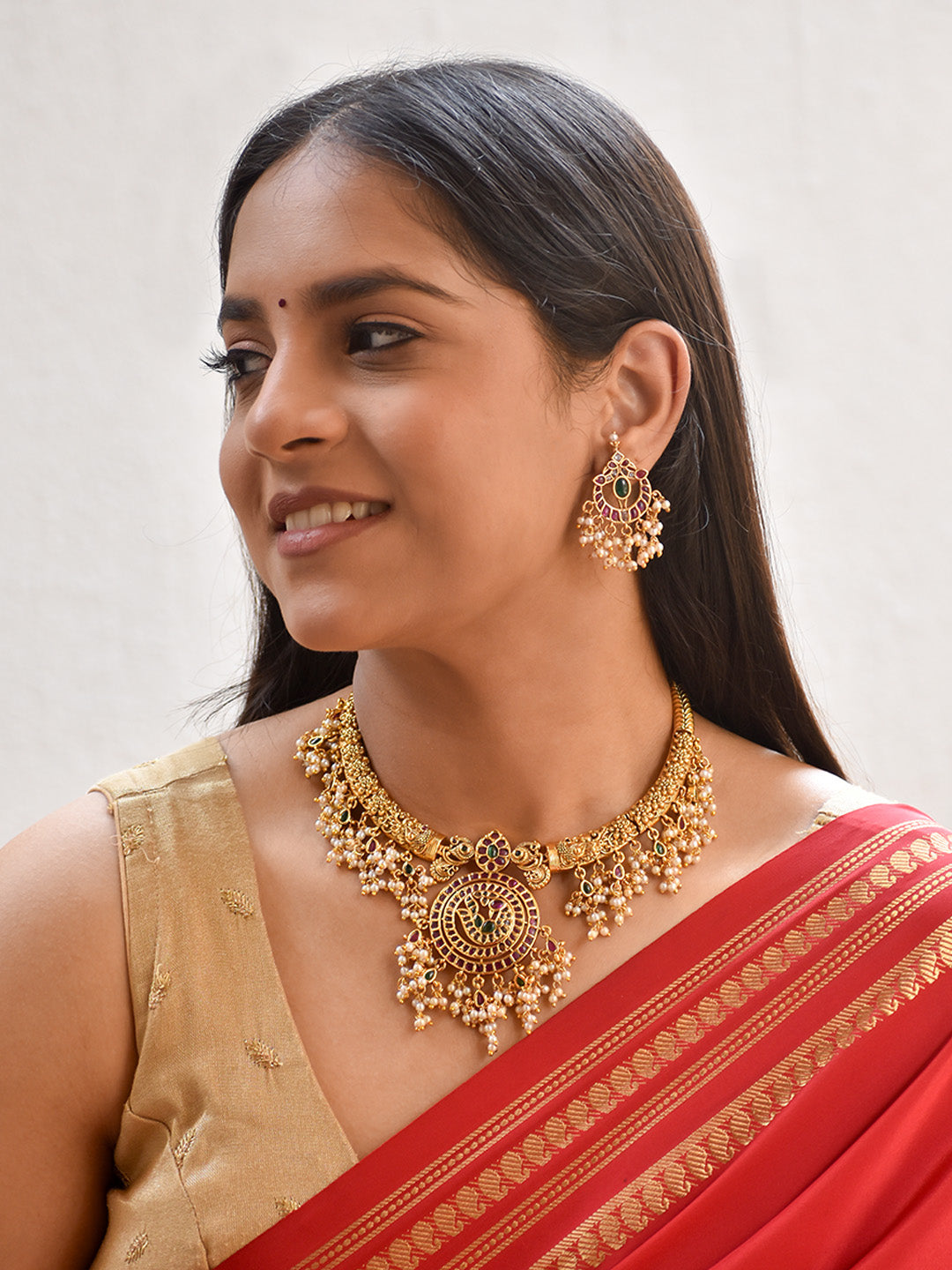 Premium Gold Finish Handcrafted Rajwadi Style Temple Necklace Set in Kundan, Ruby & Emerald Accents