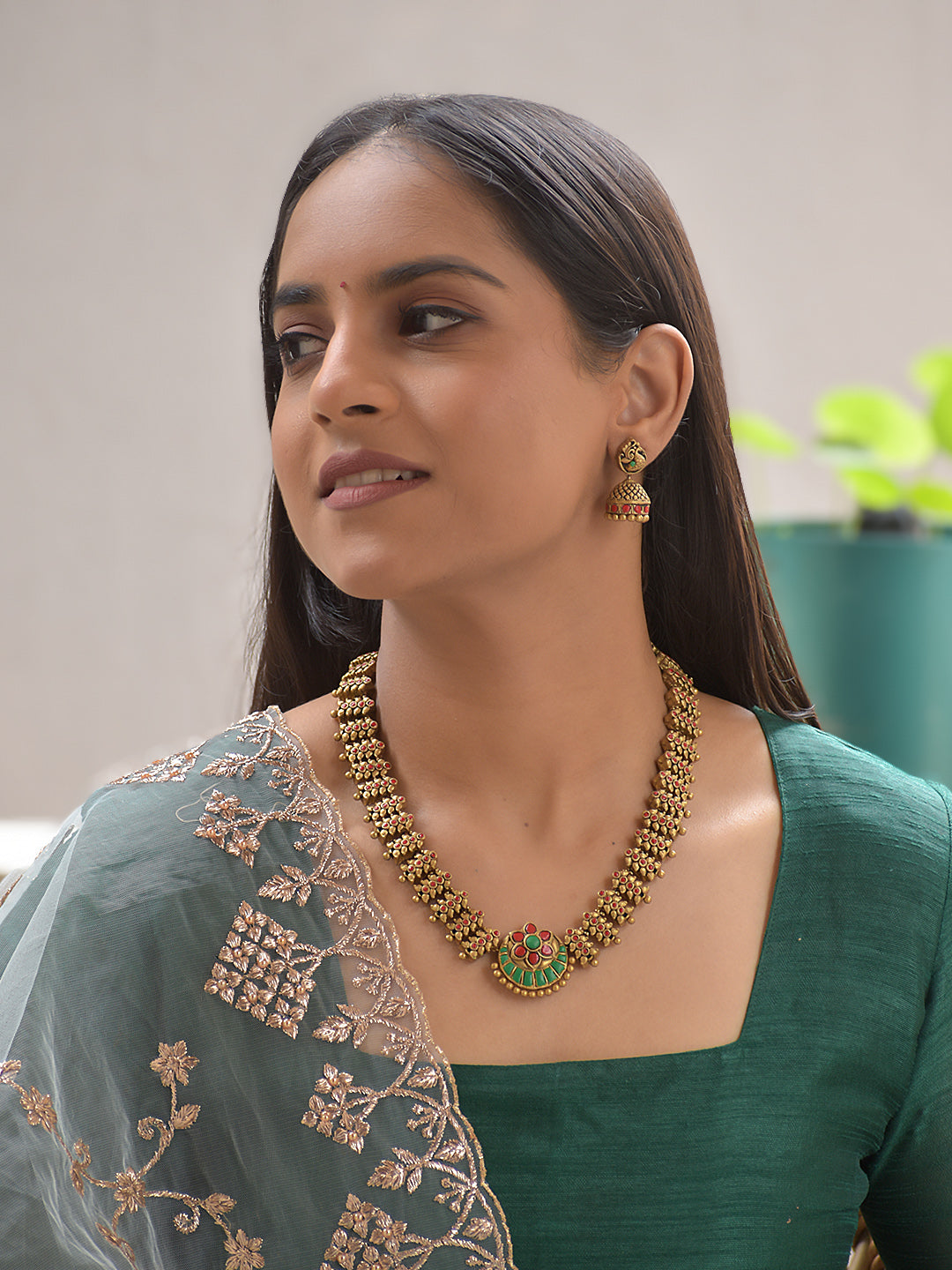 Terracotta Red & Green Floral Pendant Necklace with Peacock Jhumka Earrings