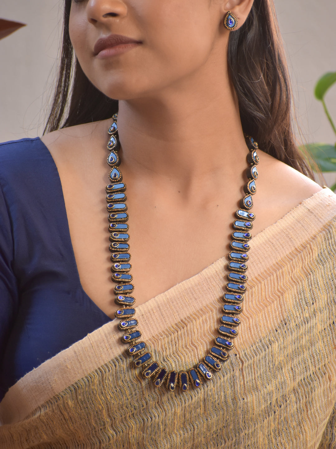 Terracotta Royal Blue Teardrop Beaded Necklace Set with Earrings