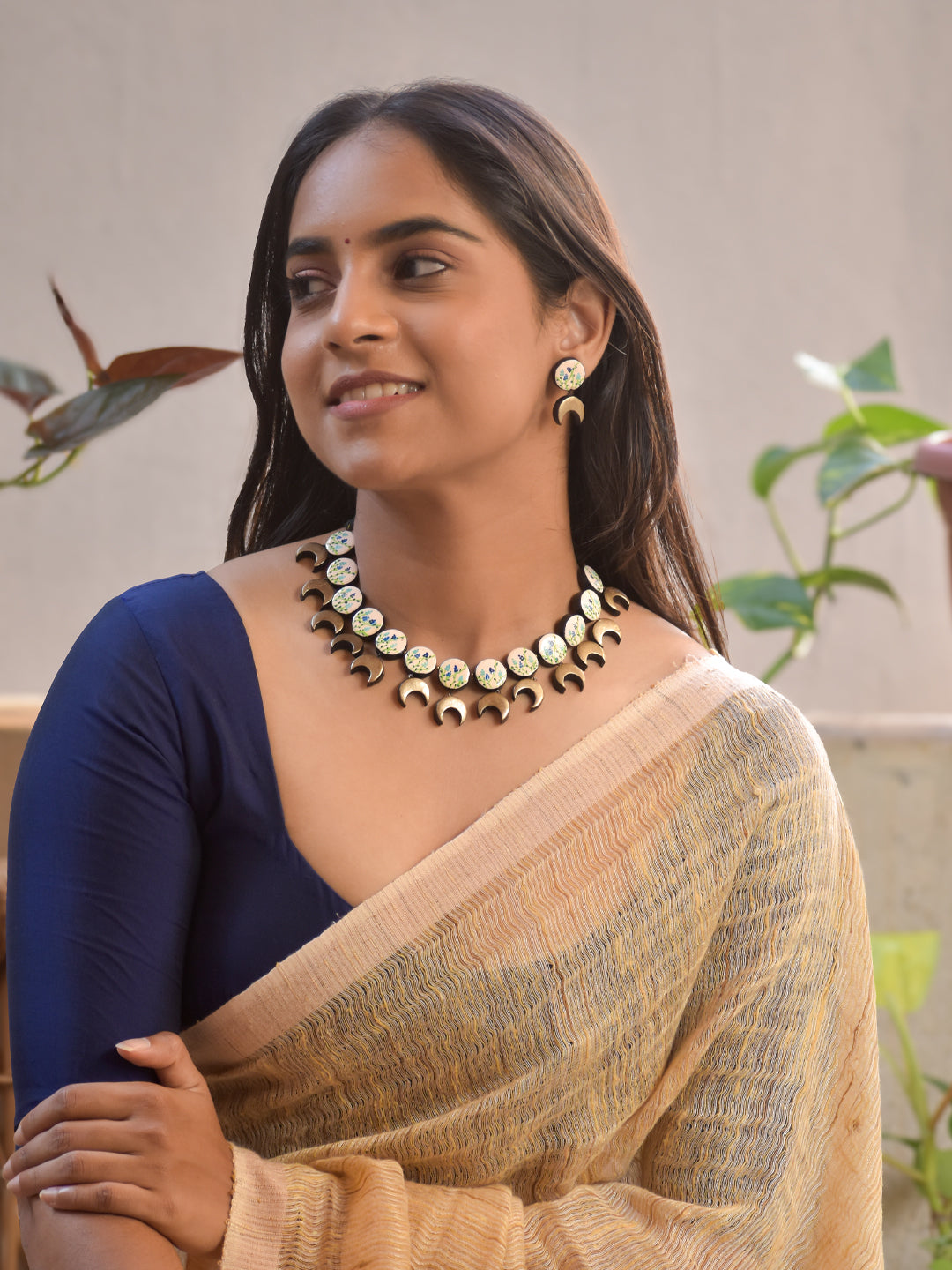 Moonchild🌙 — Terracotta Crescent Moon and Floral Handpainted Necklace Set with Earrings