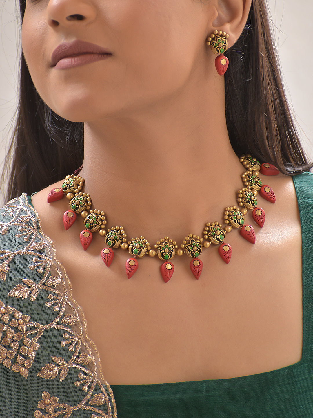 Antique Floral Terracotta Necklace Set with Leaf Accents
