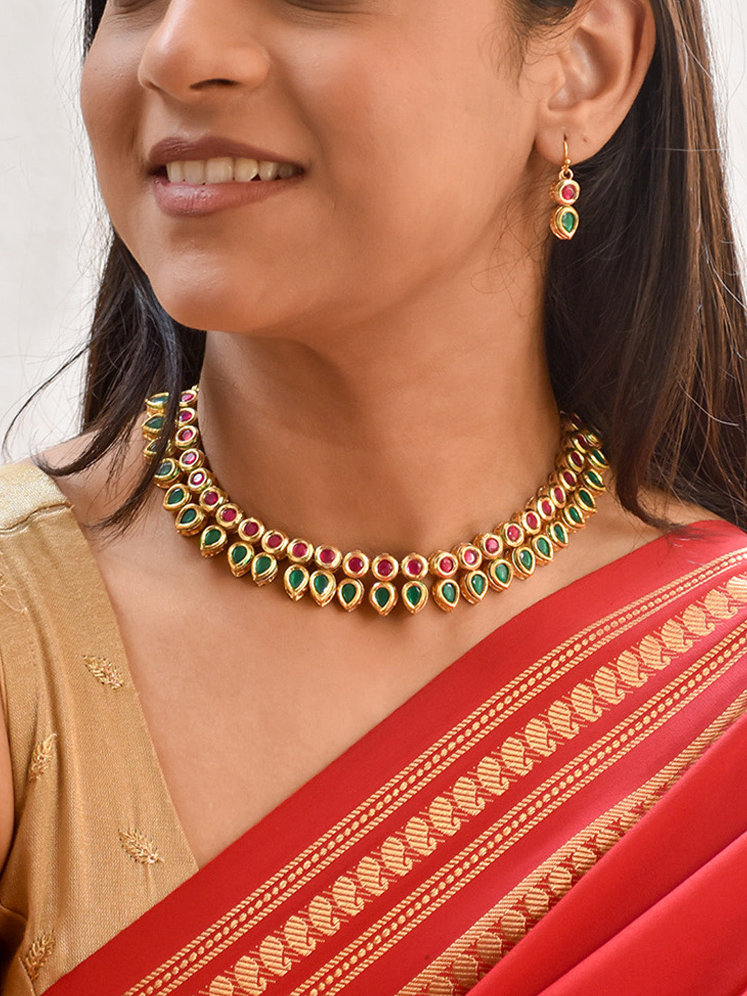 Premium Handcrafted Kundan Necklace Set in Ruby Red & Emerald Green Gold Finish