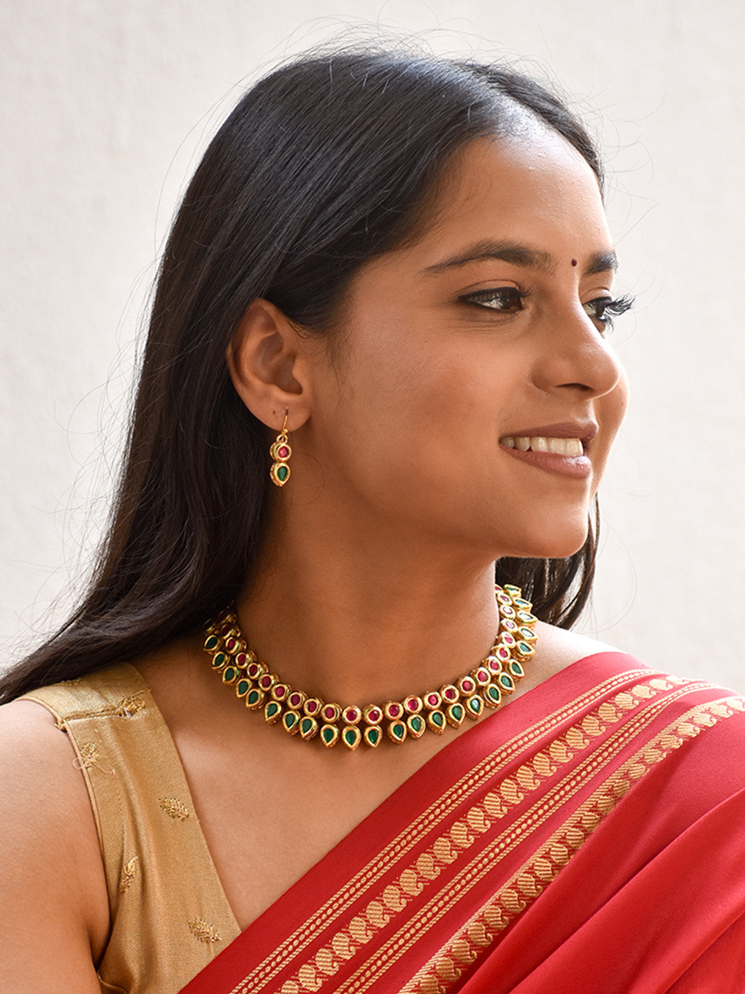 Premium Handcrafted Kundan Necklace Set in Ruby Red & Emerald Green Gold Finish