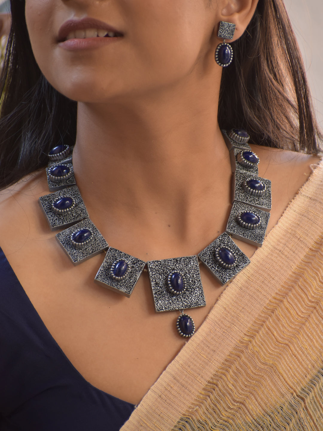 Terracotta Metallic Black and Blue Geometric Statement Necklace