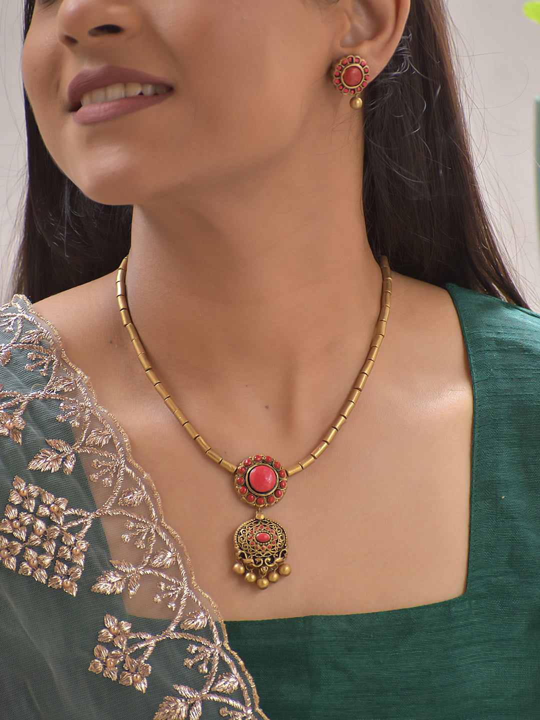 Antique Gold-Tone Filigree Pendant Set with Ruby Red Accents