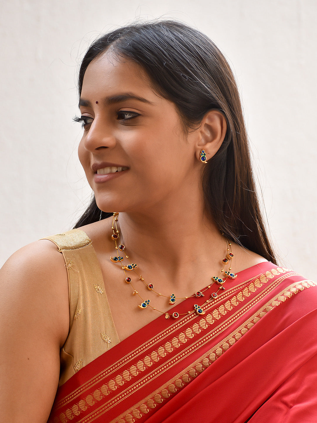 Premium Handcrafted 2 Layered Kemp Mango Necklace Set in Blue & Red Kemp Stones