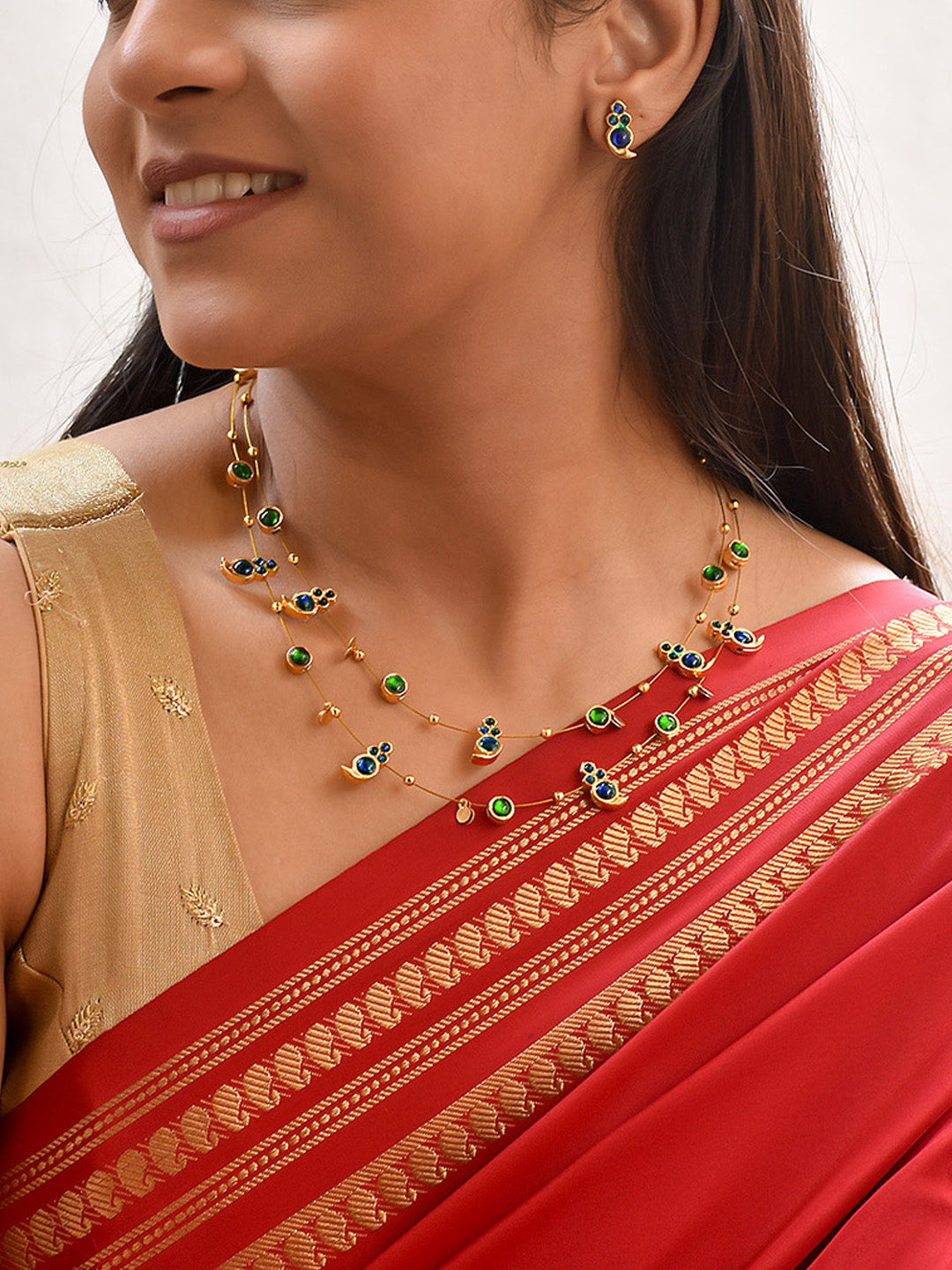 Premium Handcrafted 2 Layered Kemp Mango Necklace Set in Blue Green Kemp Stones