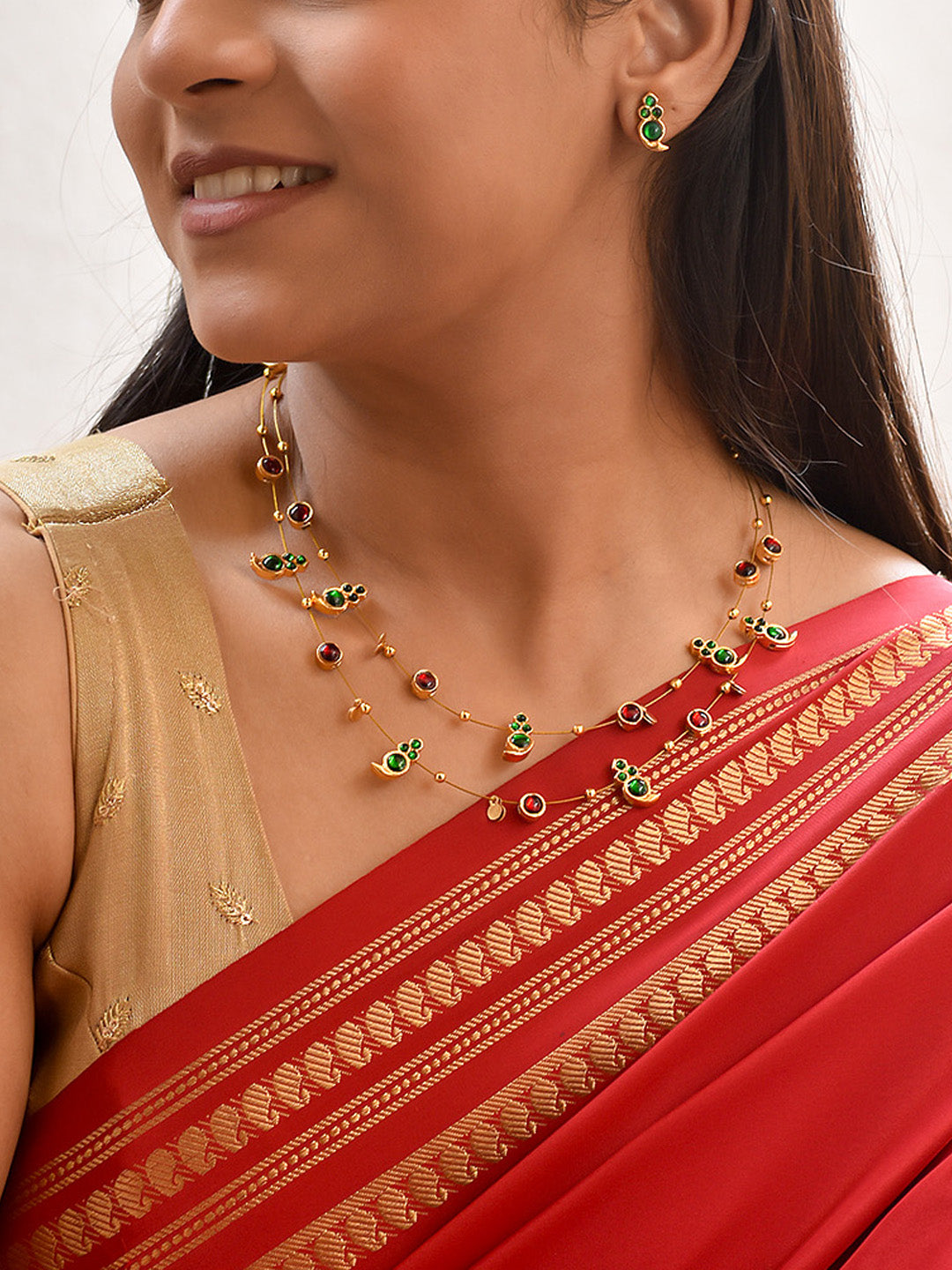 Premium Handcrafted 2 Layered Kemp Mango Necklace Set in Green & Red Kemp stones