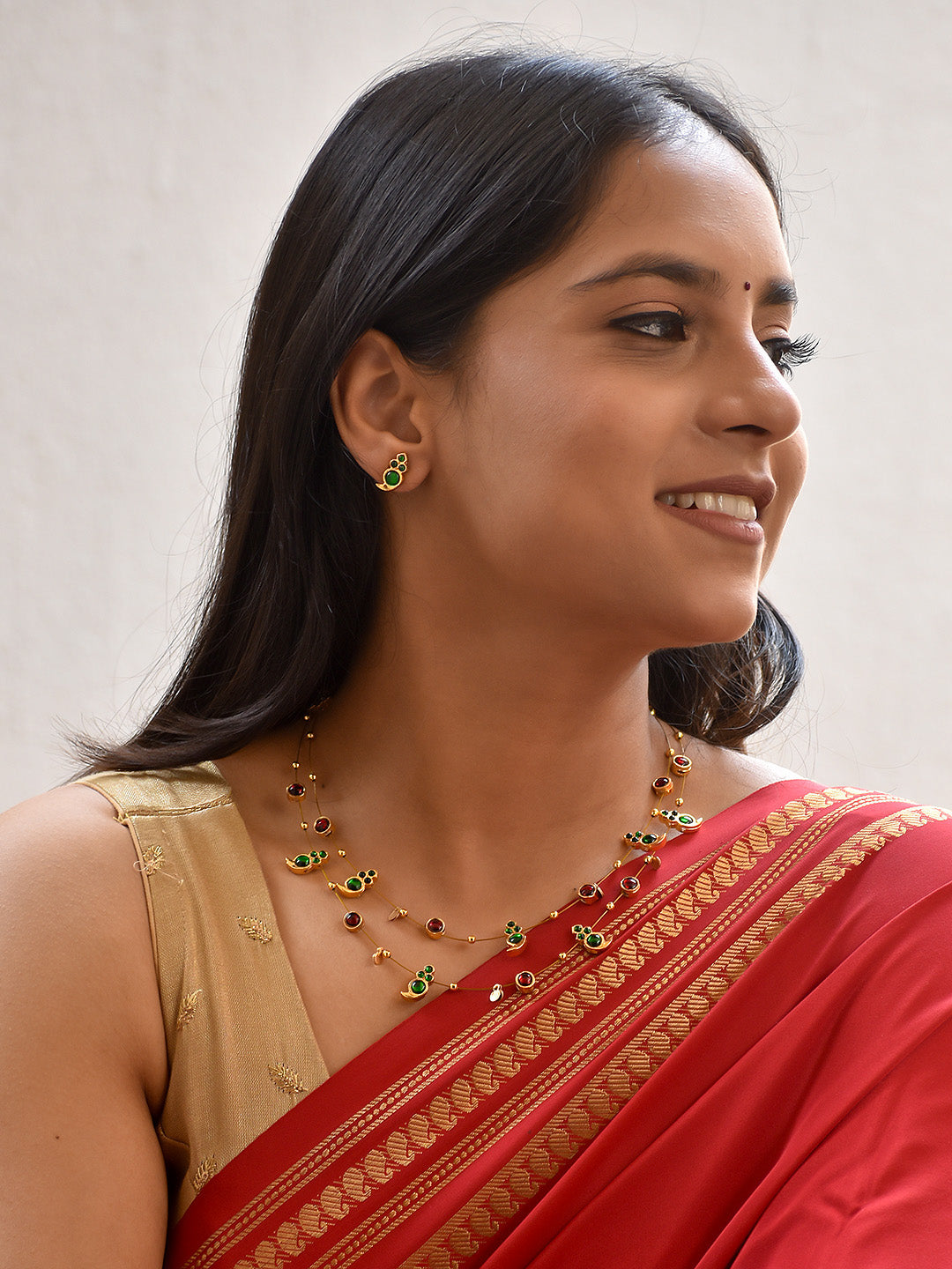 Premium Handcrafted 2 Layered Kemp Mango Necklace Set in Green & Red Kemp stones