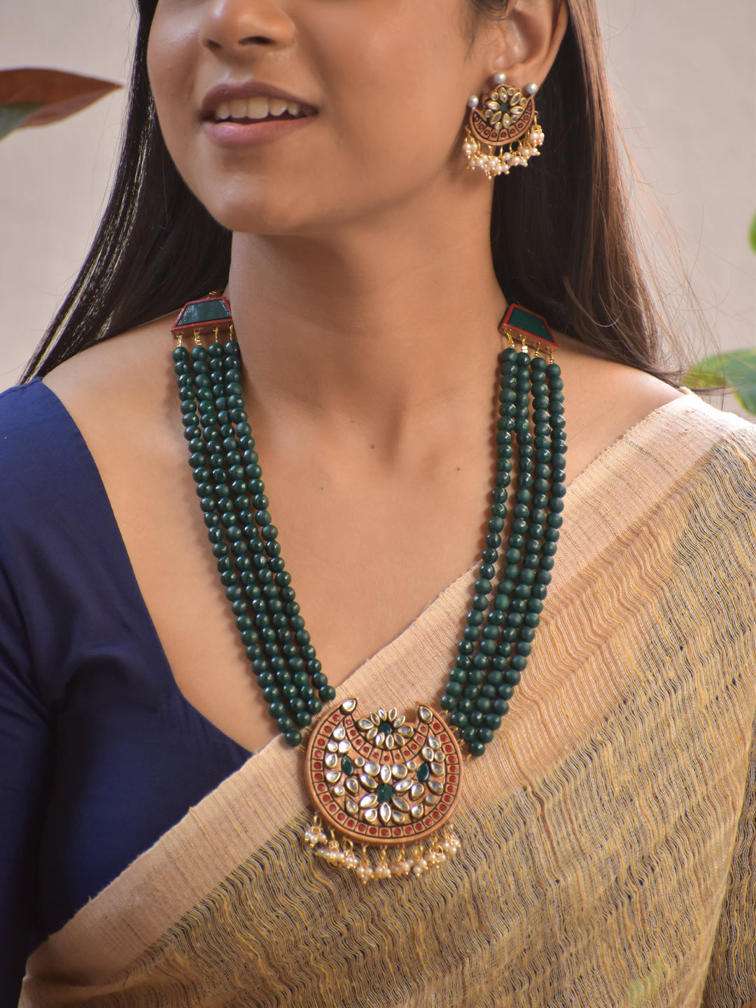 Glass Green Beaded Kundan Necklace with Terracotta Crescent Pendant with Earrings