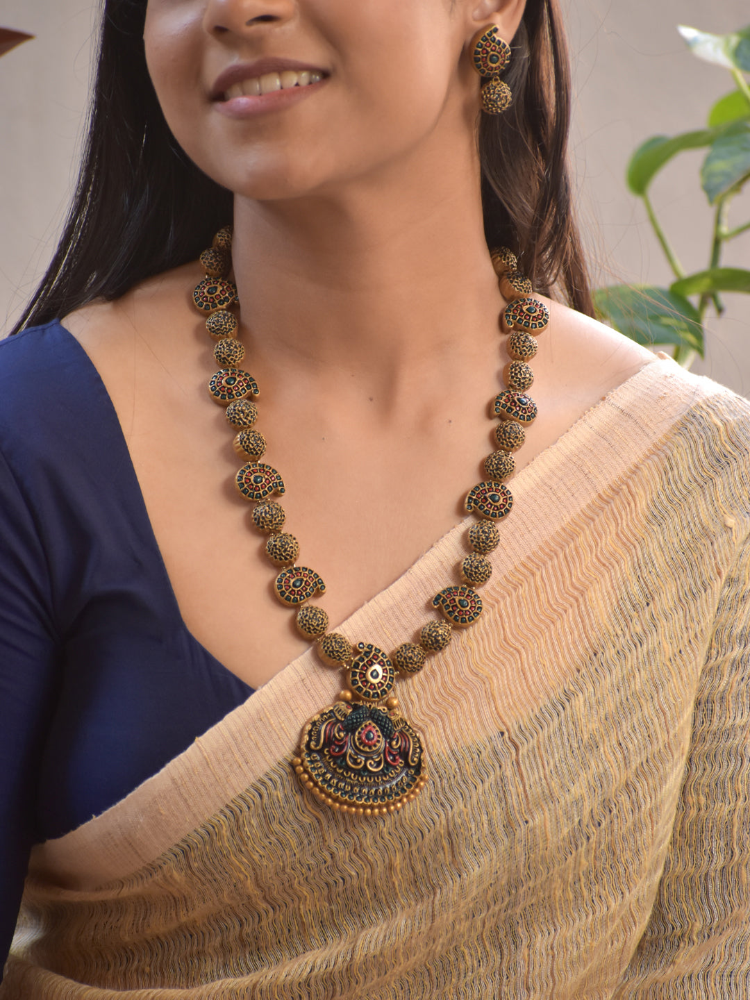 Terracotta Antique Gold Red Green Peacock Pendant Necklace Set with Earrings