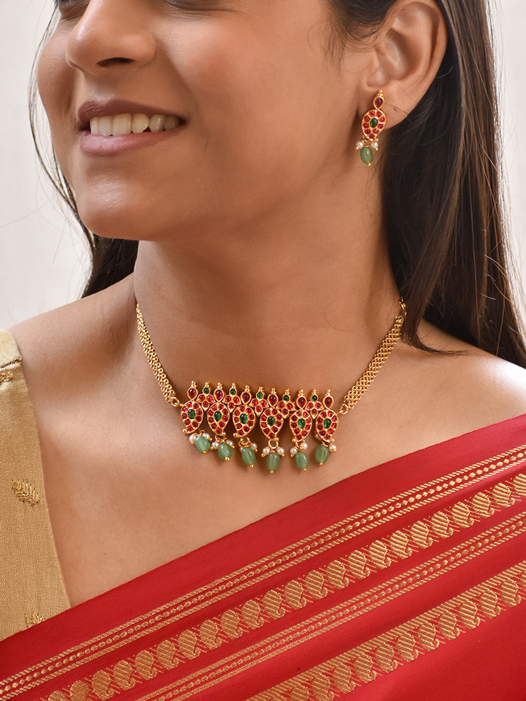 Premium Handcrafted Gold-Toned Choker Set with Ruby & Emerald Accents