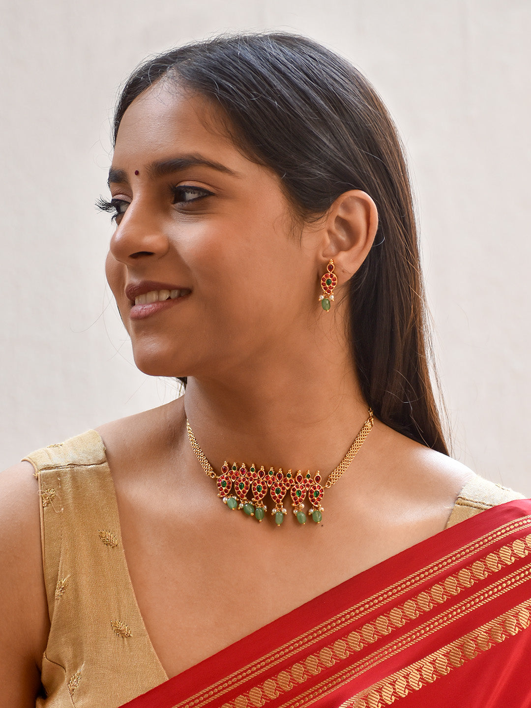 Premium Handcrafted Gold-Toned Choker Set with Ruby & Emerald Accents