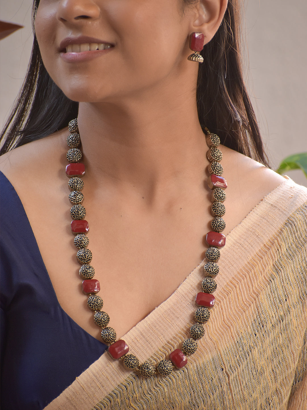 Terracotta Red and Antique Gold Beaded Necklace Set with Earrings