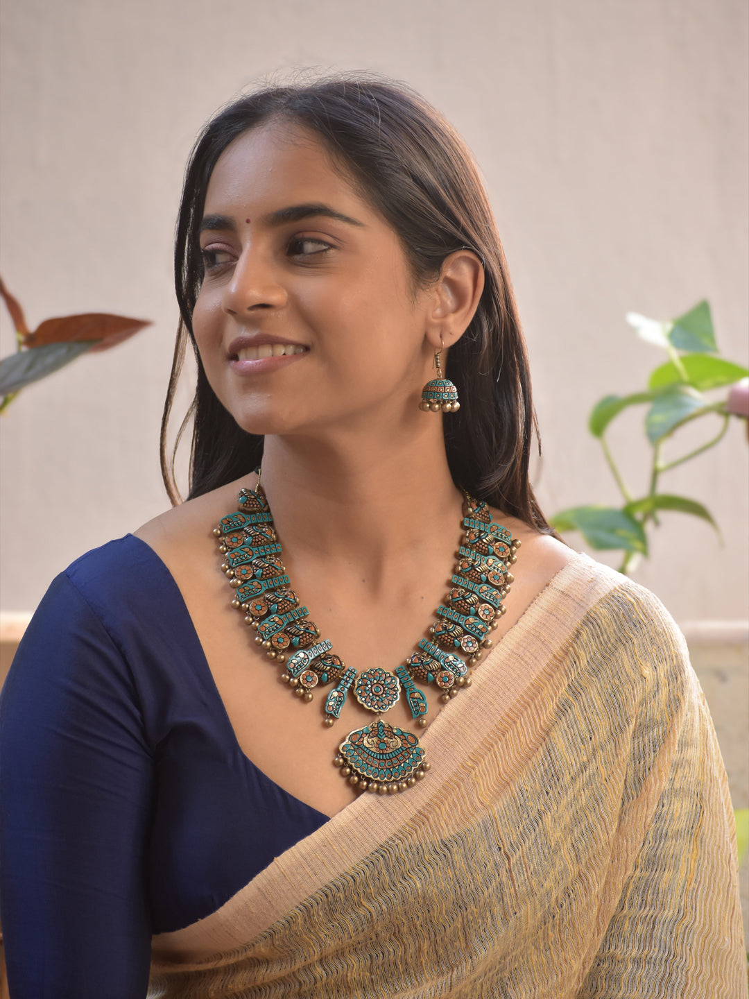 Terracotta Peacock Motif Turquoise and Copper Statement Necklace Set with Earrings