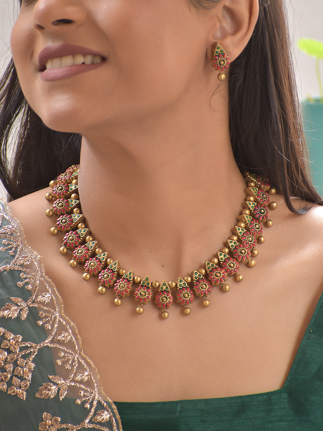 Terracotta Floral Motif Necklace with Red & Green Accents