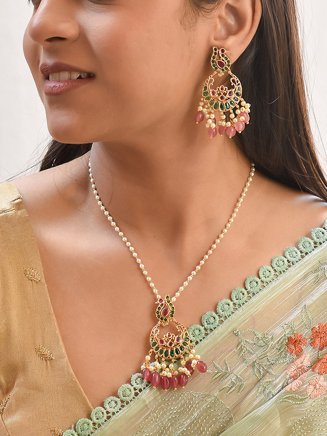 Premium Handcrafted Pearl Kundan Peacock Chandbali Necklace Set in Ruby Pink & Green Onyx Stones