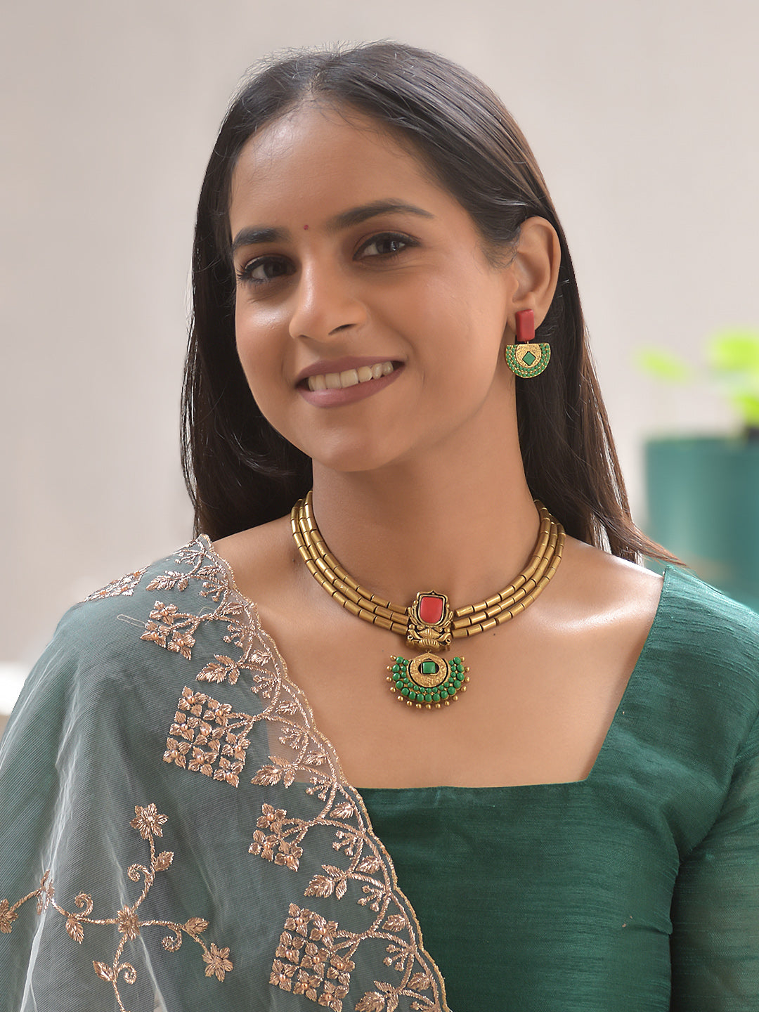 Terracotta Dual-Strand Cylinder Bead Necklace with Red & Green Pendant