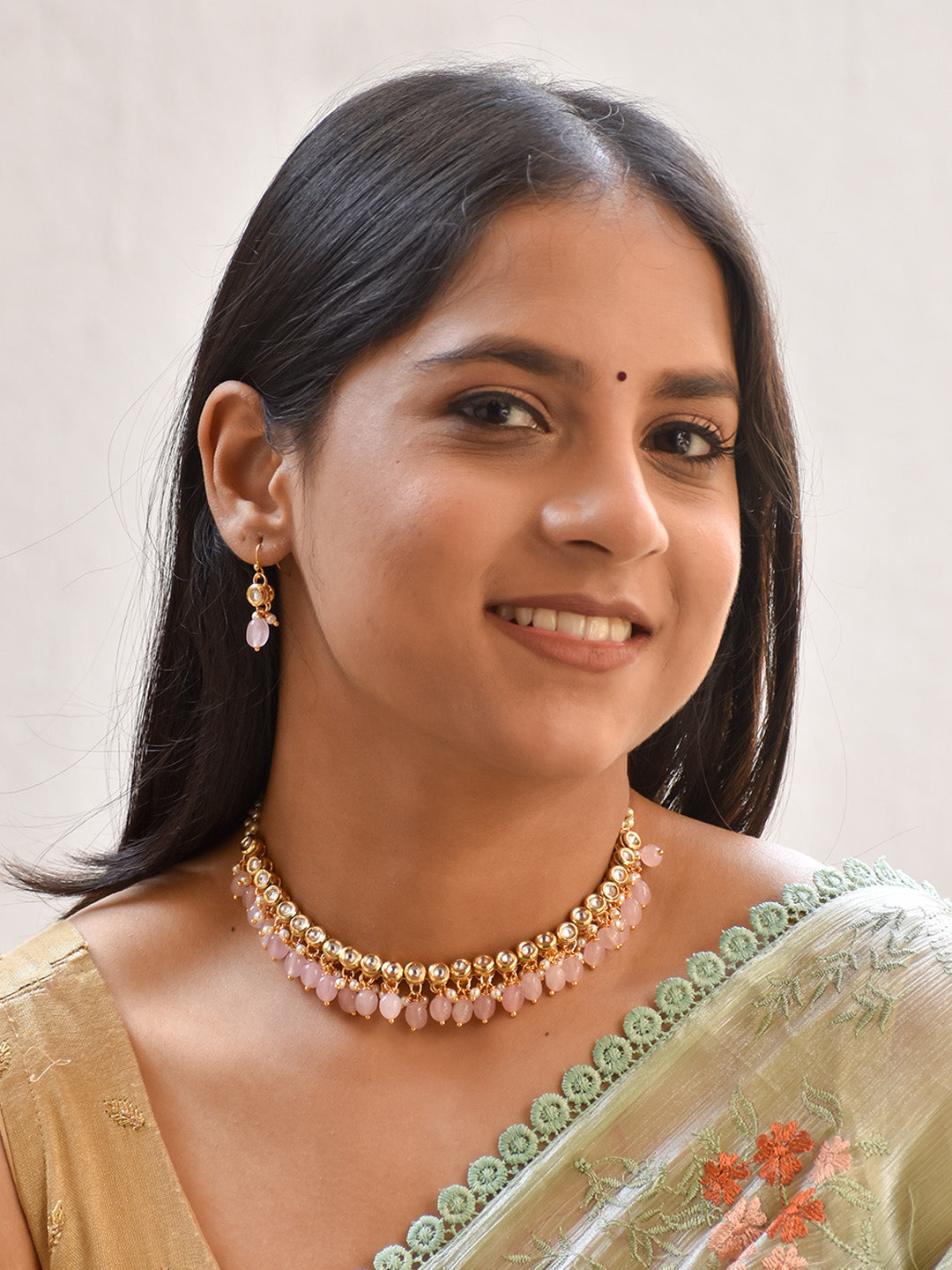 Premium Rajwadi Celebrity Style Kundan Stones Necklace Set in Pink Onyx Beads & Pearl Strings