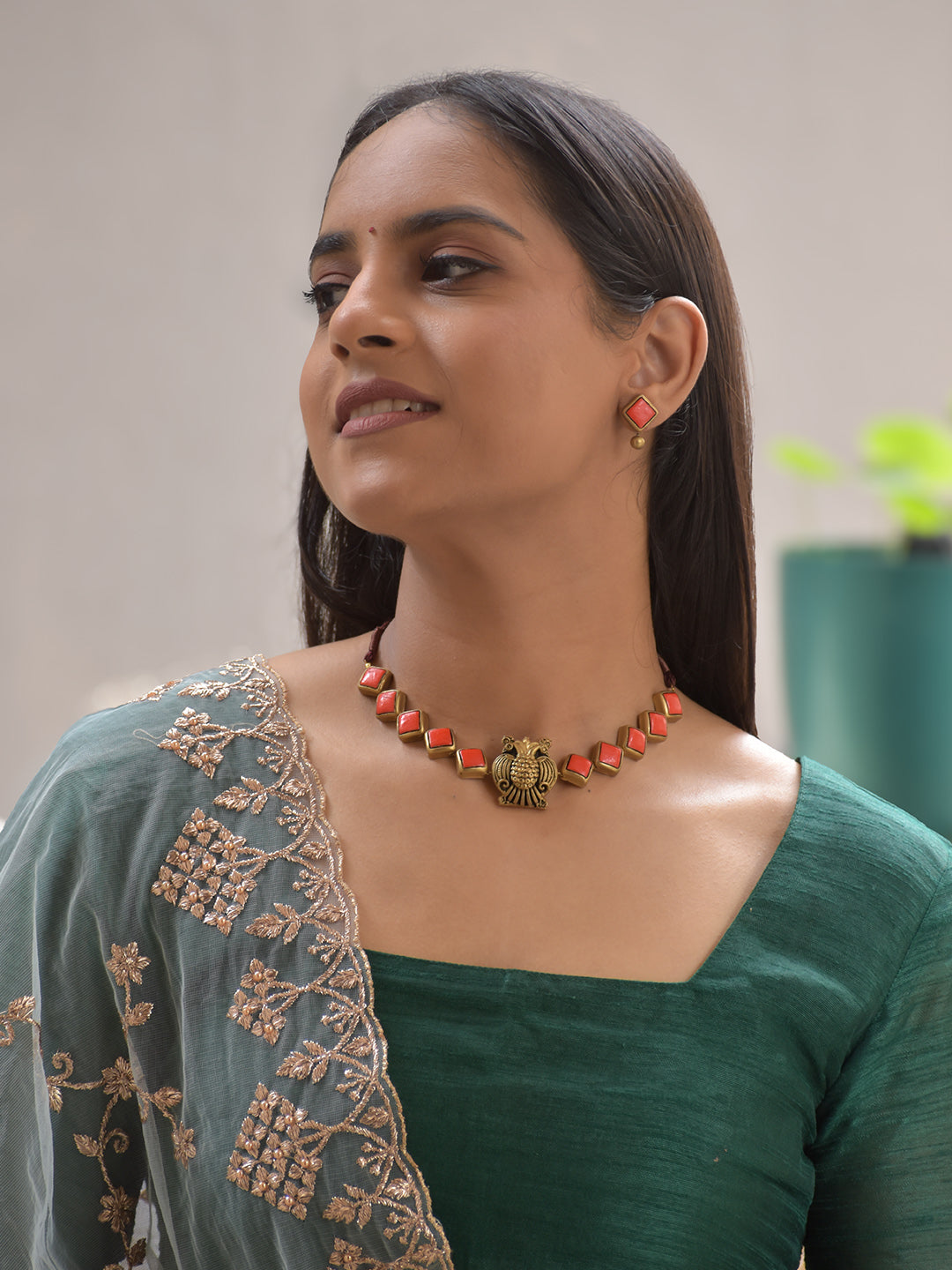 Terracotta Fish Motif Necklace Set with Geometric Accents