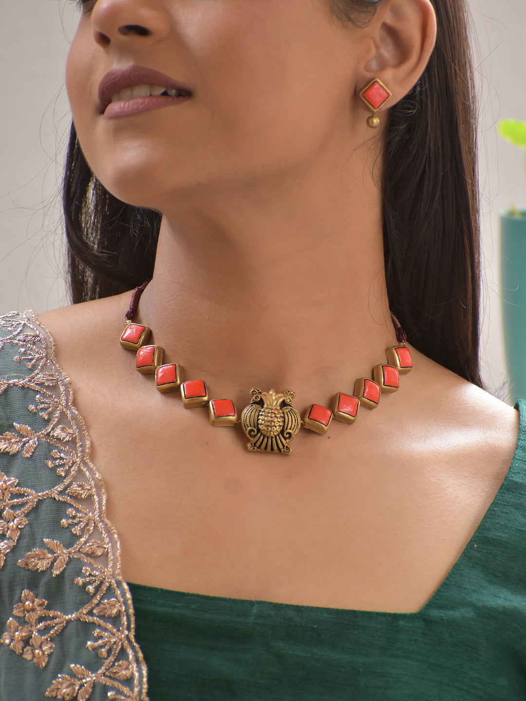 Terracotta Fish Motif Necklace Set with Geometric Accents