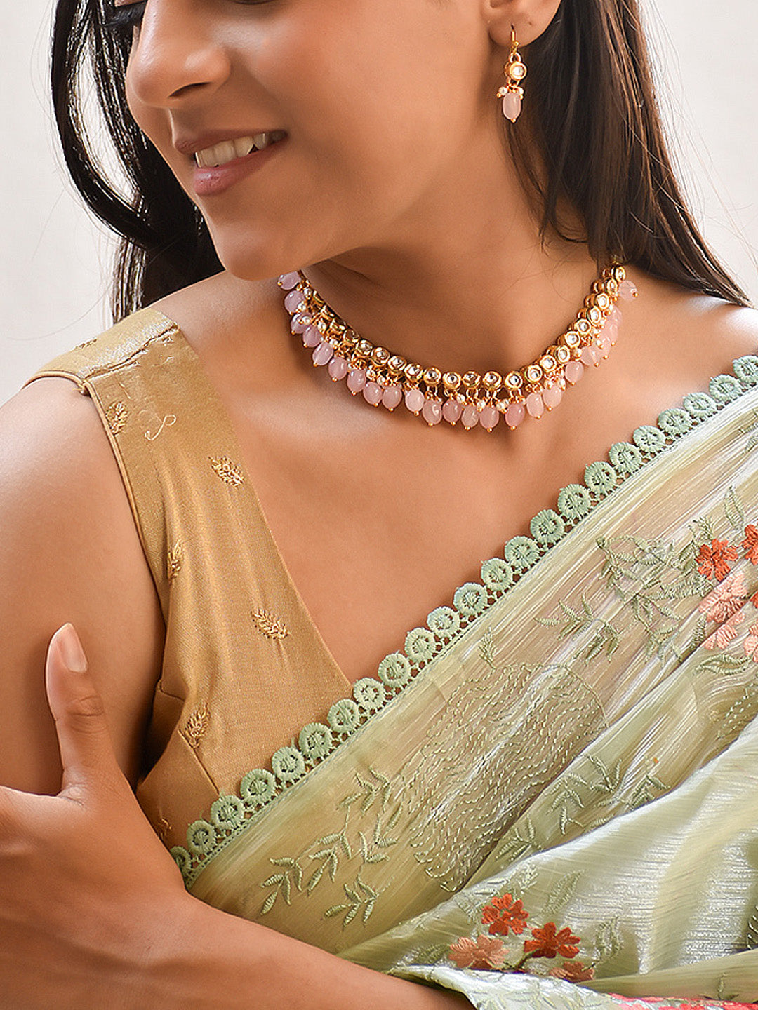 Premium Rajwadi Celebrity Style Kundan Stones Necklace Set in Pink Onyx Beads & Pearl Strings