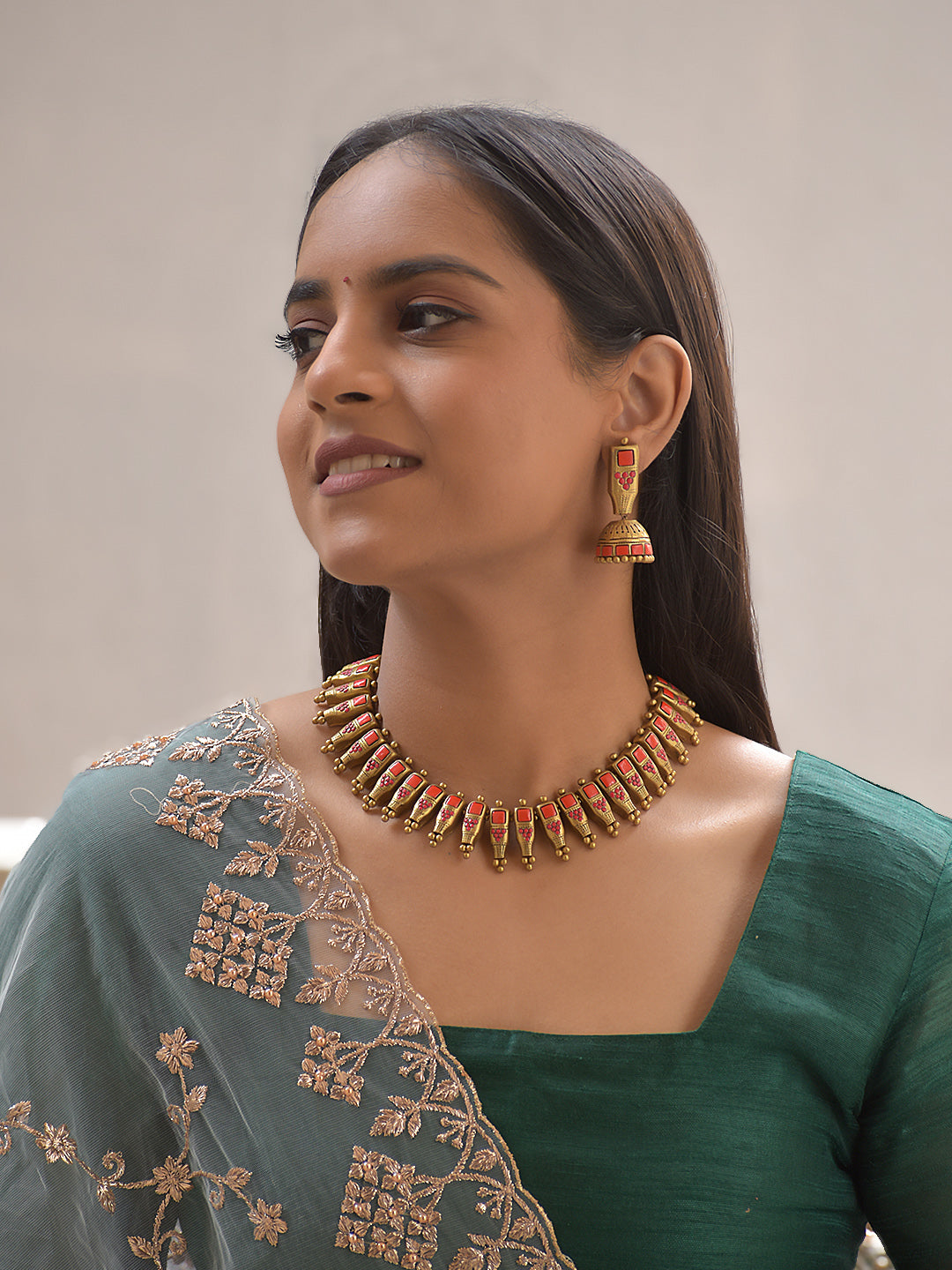 Terracotta Red Panel Necklace with Temple-Inspired Drops
