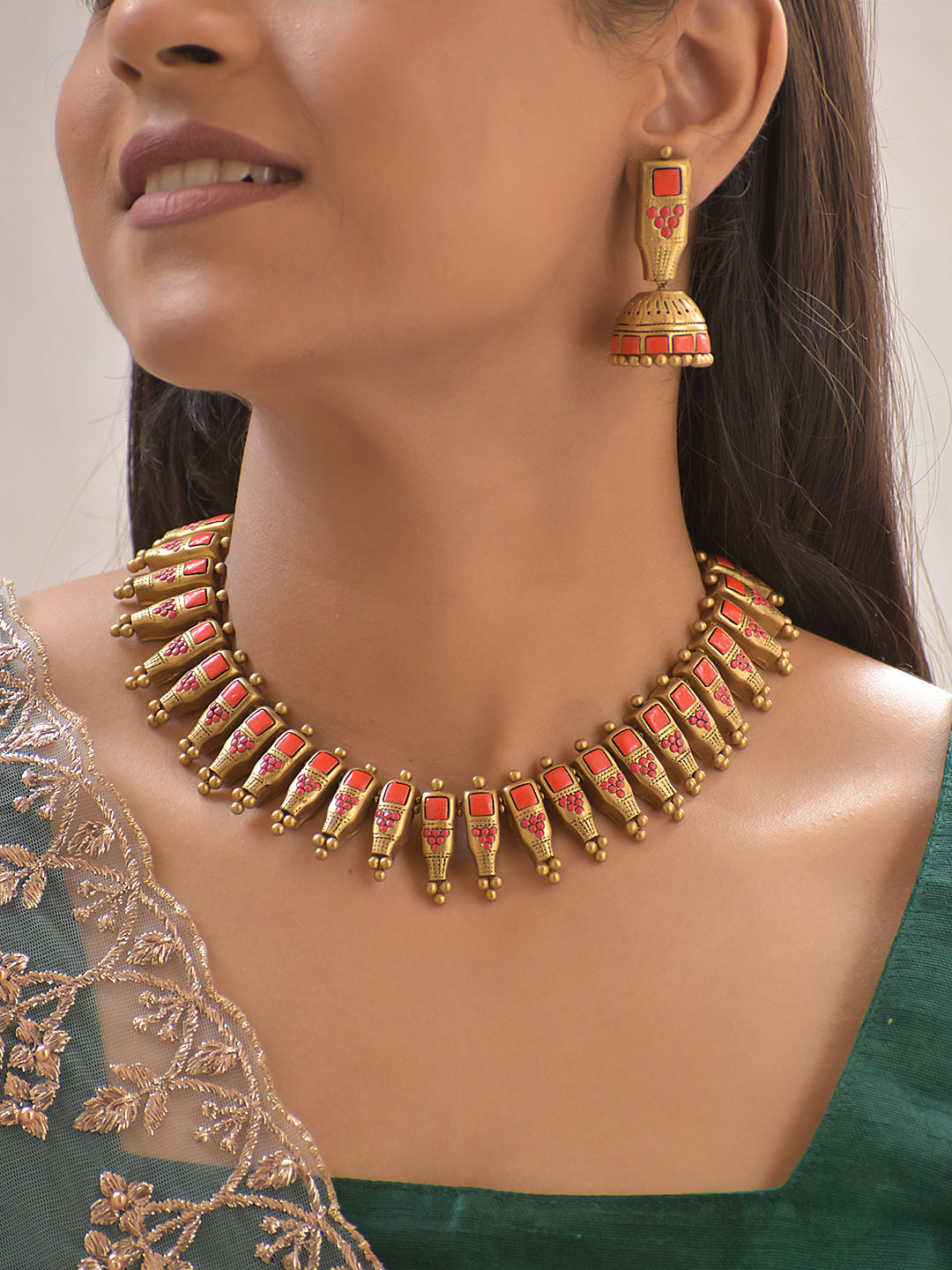 Terracotta Red Panel Necklace with Temple-Inspired Drops